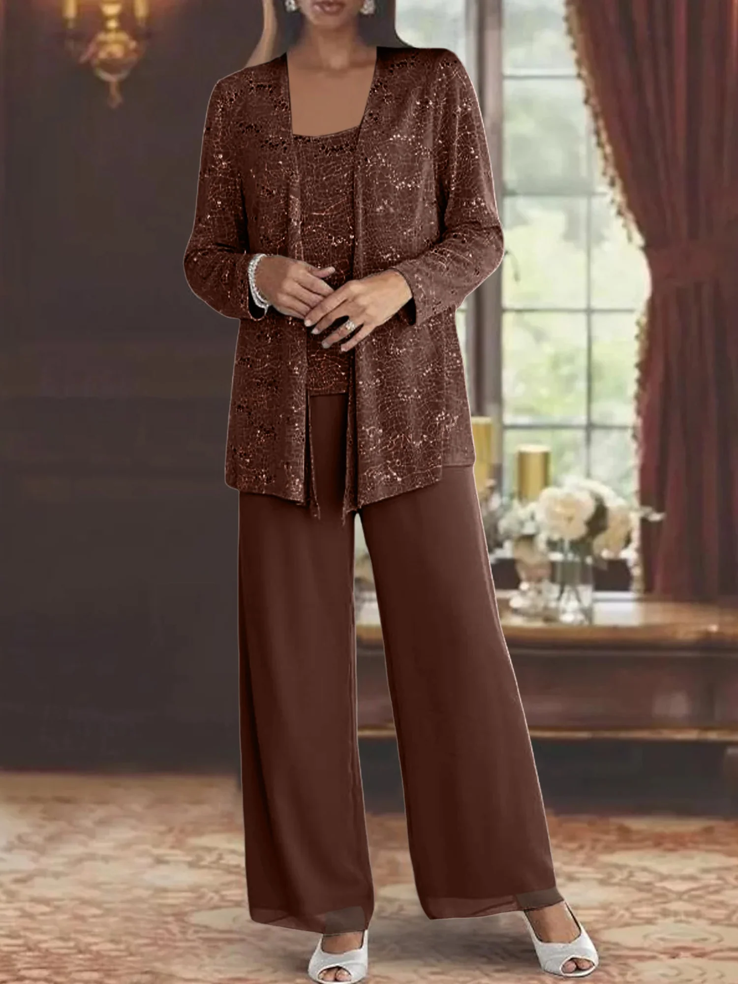 Chiffon Mother of the Bride Pantsuits with Jacket & Sequins - Image 20