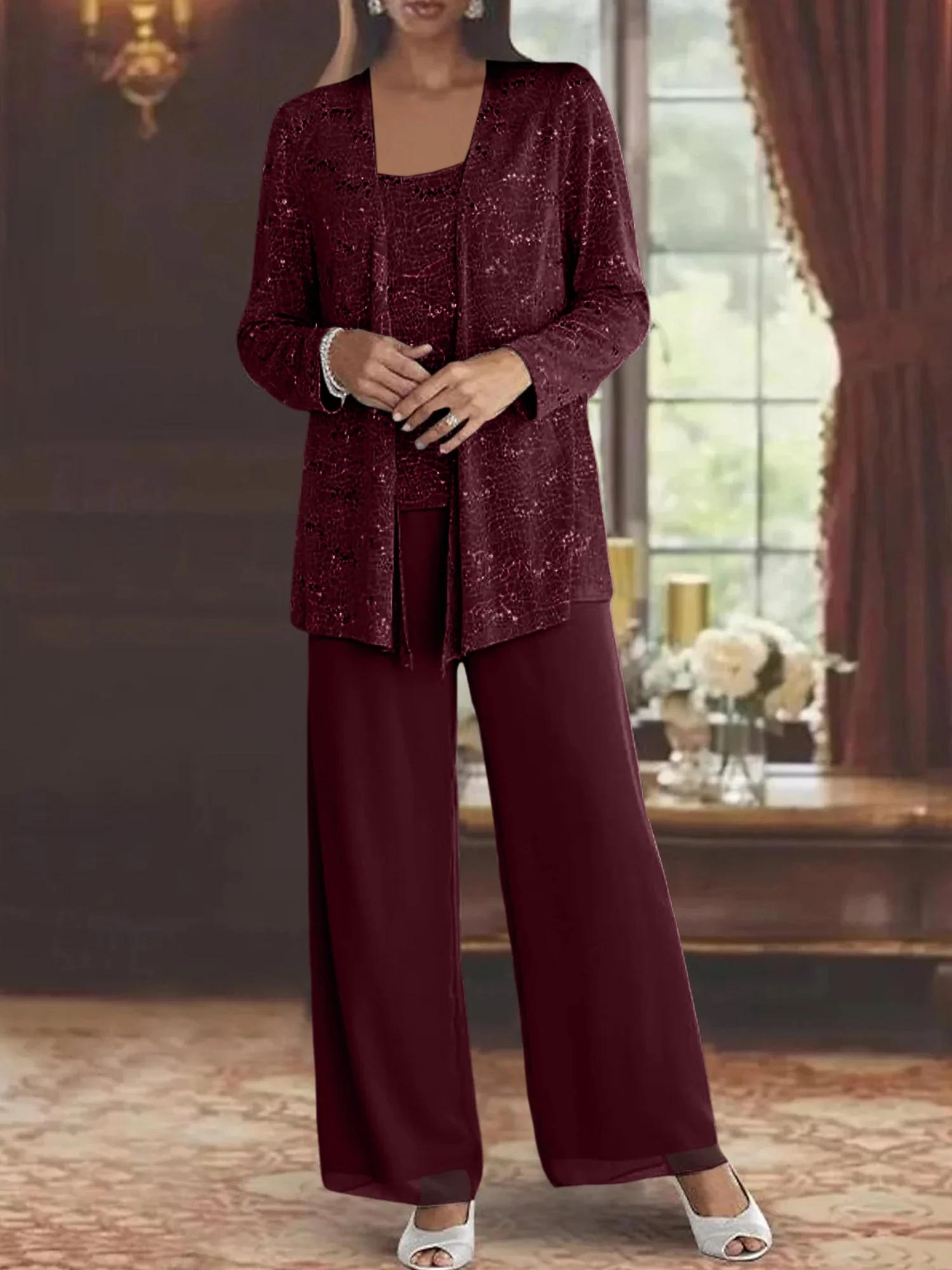 Chiffon Mother of the Bride Pantsuits with Jacket & Sequins - Image 21