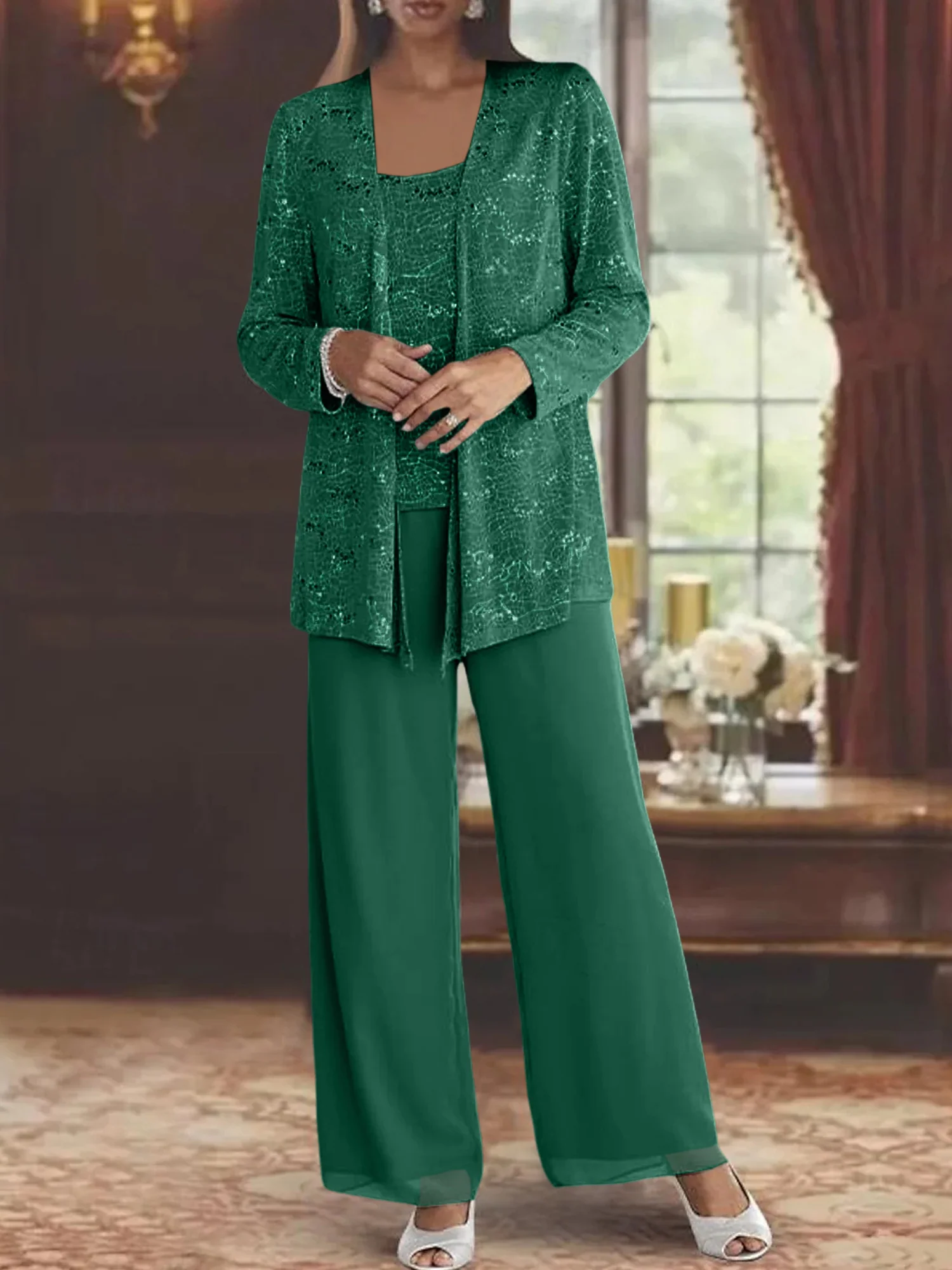 Chiffon Mother of the Bride Pantsuits with Jacket & Sequins - Image 26