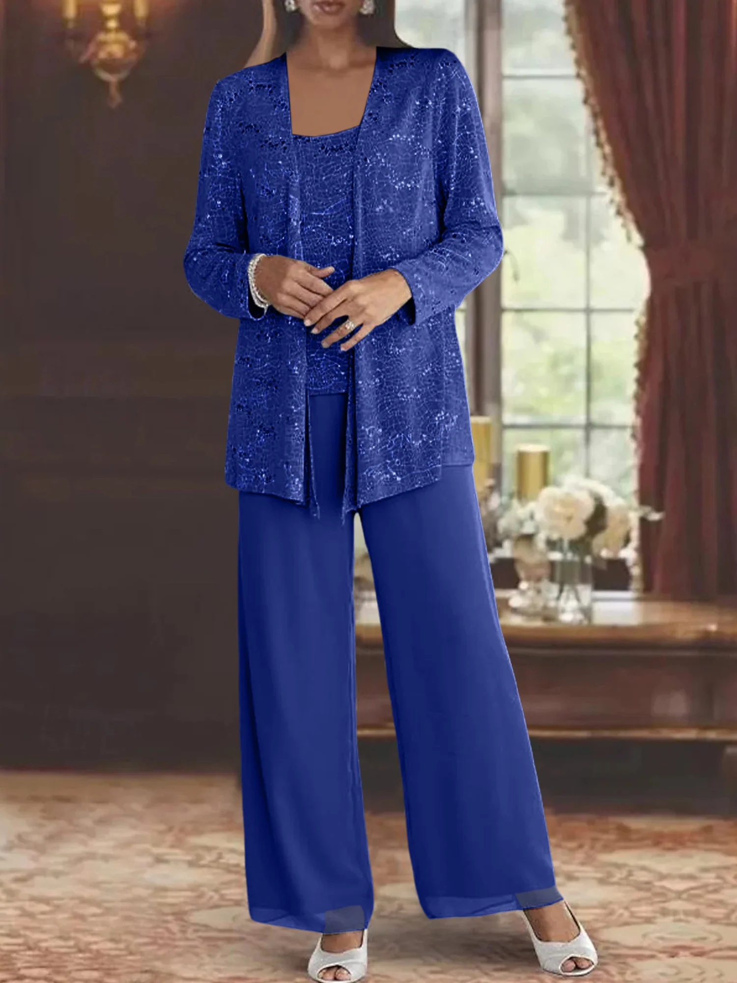 Chiffon Mother of the Bride Pantsuits with Jacket & Sequins - Image 27