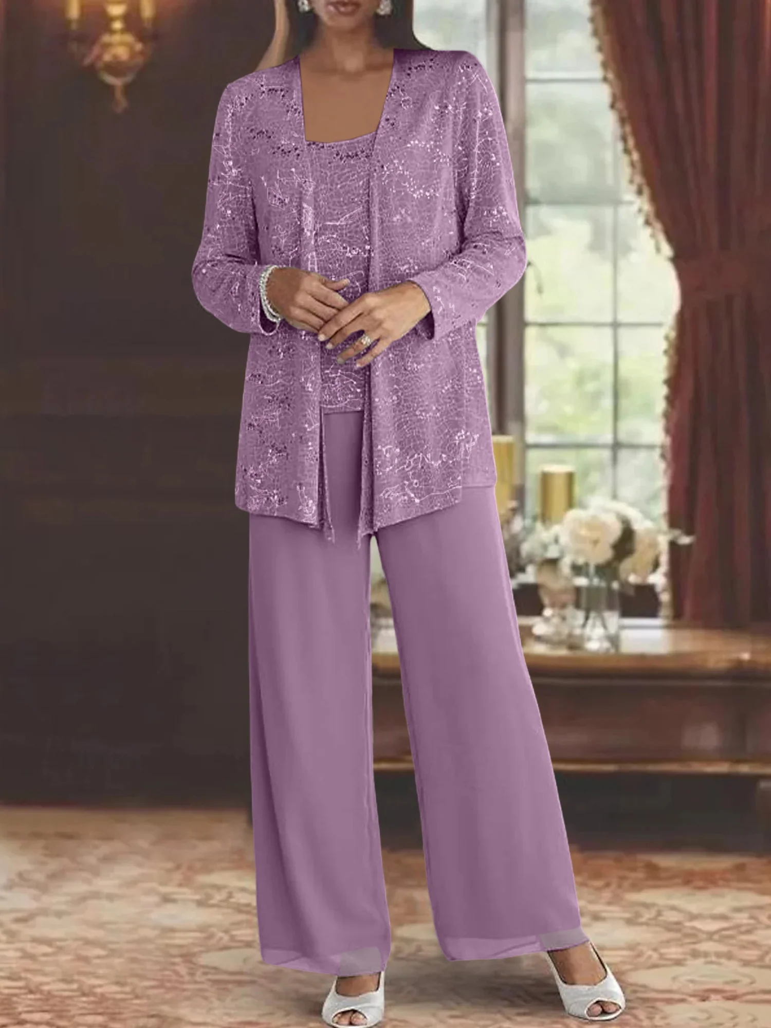 Chiffon Mother of the Bride Pantsuits with Jacket & Sequins - Image 29