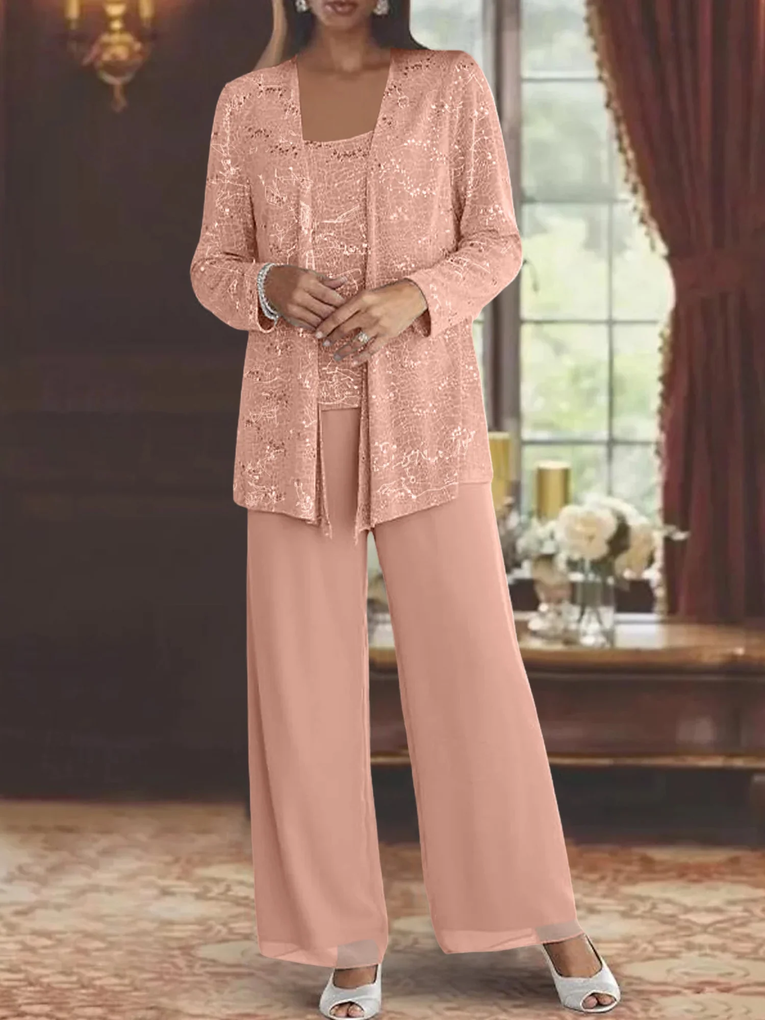 Chiffon Mother of the Bride Pantsuits with Jacket & Sequins - Image 30