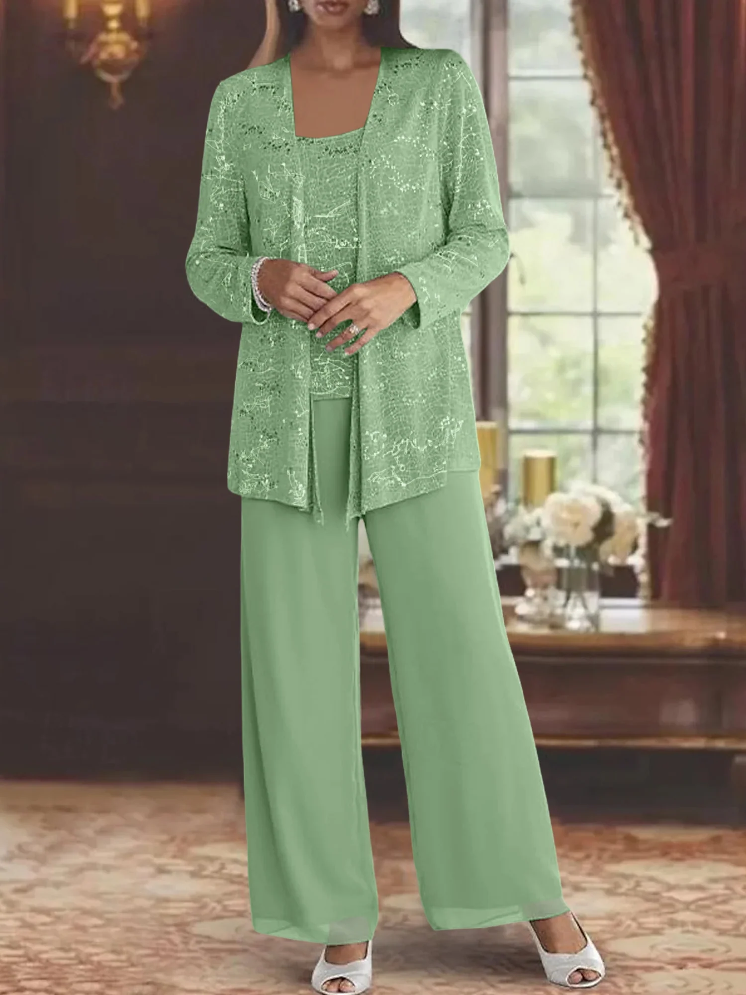 Chiffon Mother of the Bride Pantsuits with Jacket & Sequins - Image 31