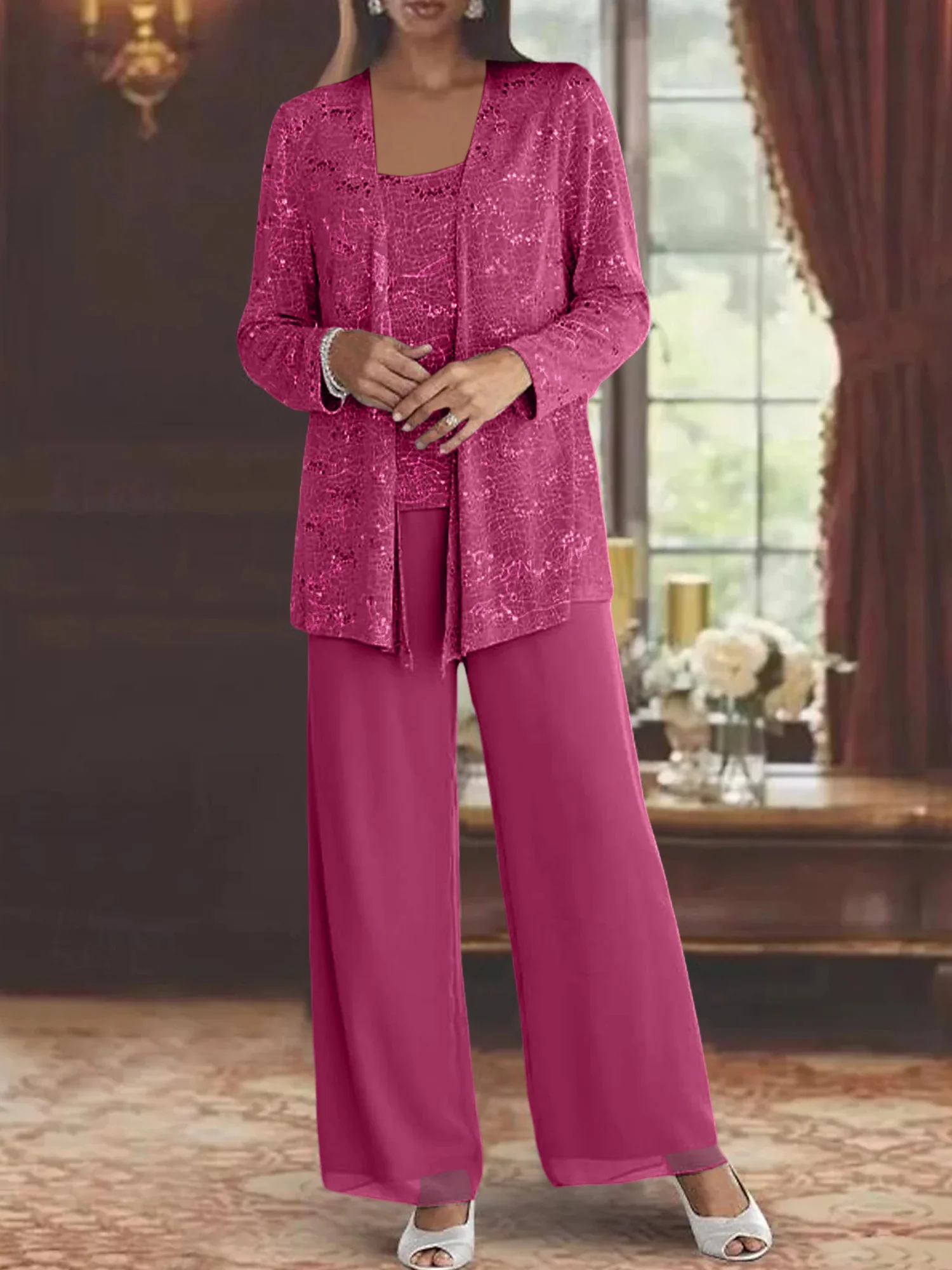 Chiffon Mother of the Bride Pantsuits with Jacket & Sequins - Image 34