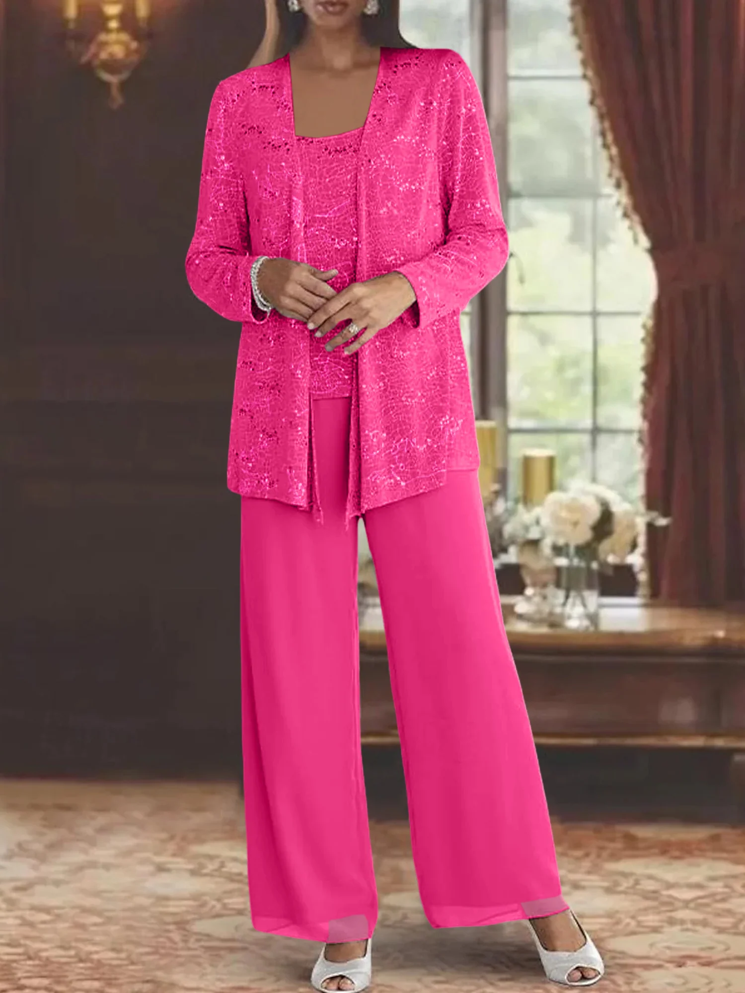 Chiffon Mother of the Bride Pantsuits with Jacket & Sequins - Image 35