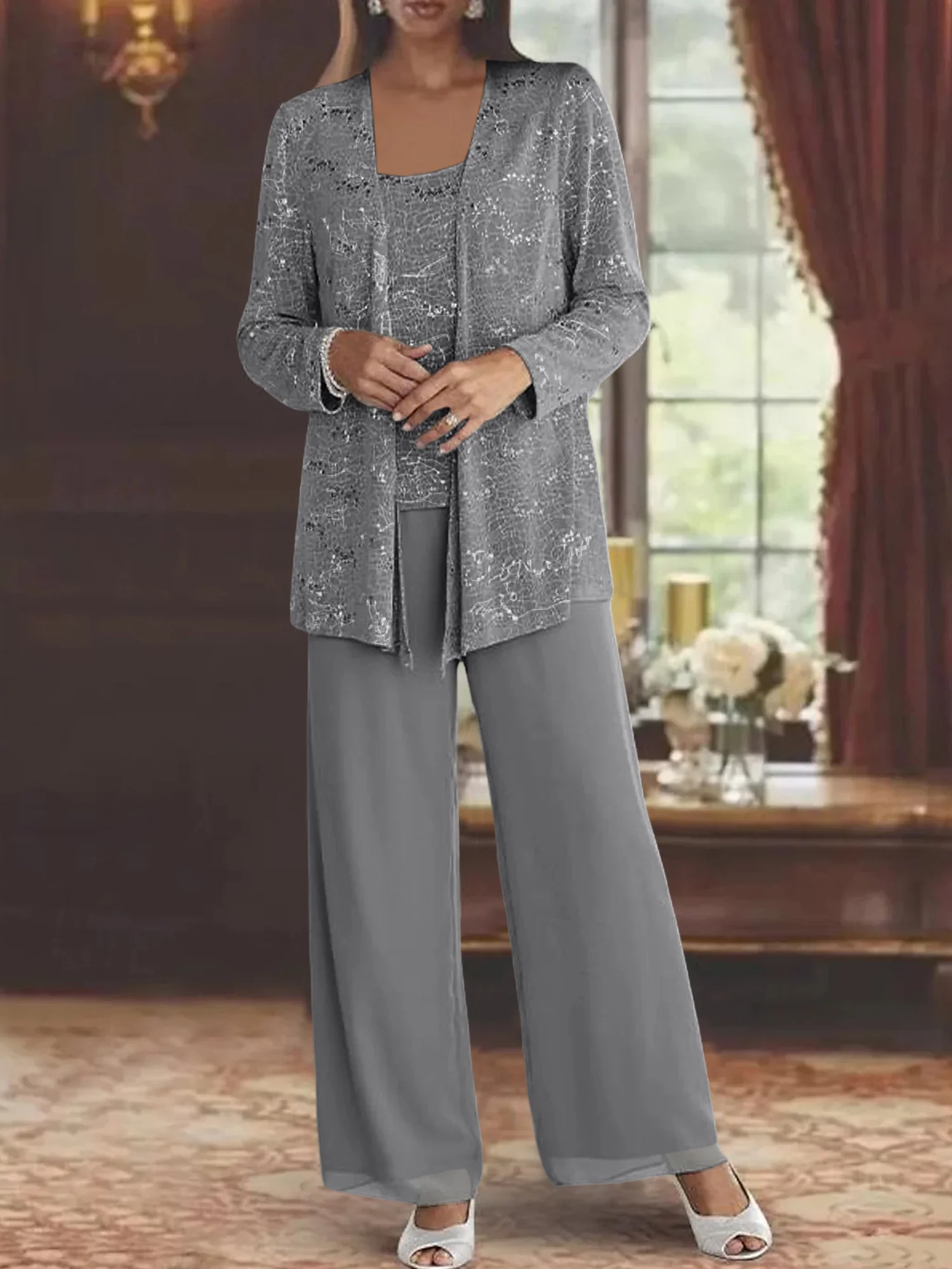 Chiffon Mother of the Bride Pantsuits with Jacket & Sequins - Image 37