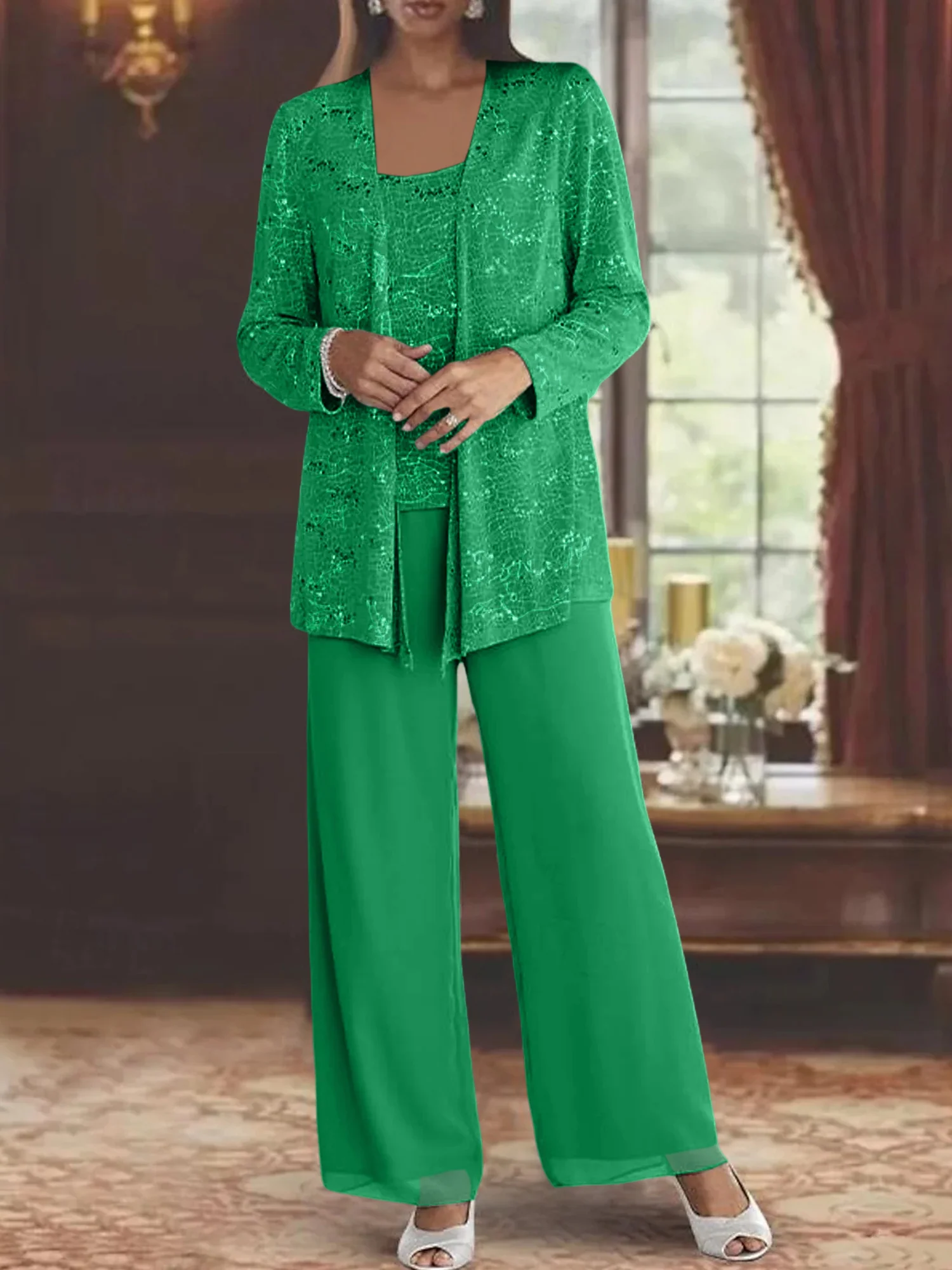 Chiffon Mother of the Bride Pantsuits with Jacket & Sequins - Image 38