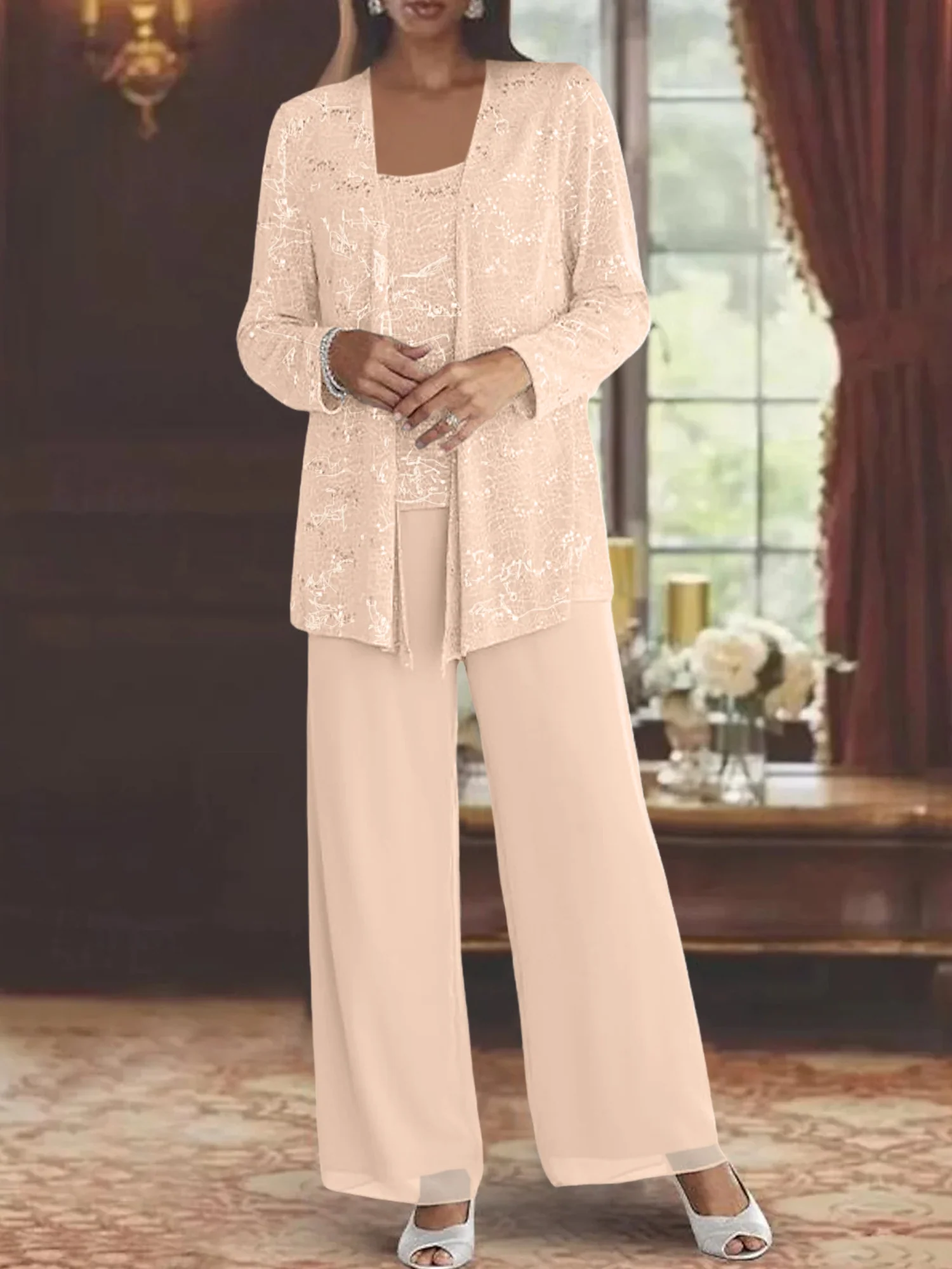 Chiffon Mother of the Bride Pantsuits with Jacket & Sequins - Image 43