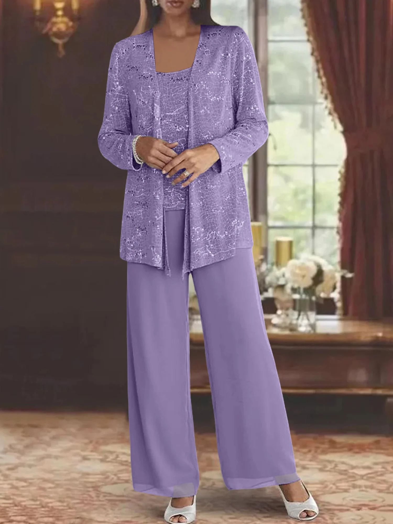 Chiffon Mother of the Bride Pantsuits with Jacket & Sequins - Image 45