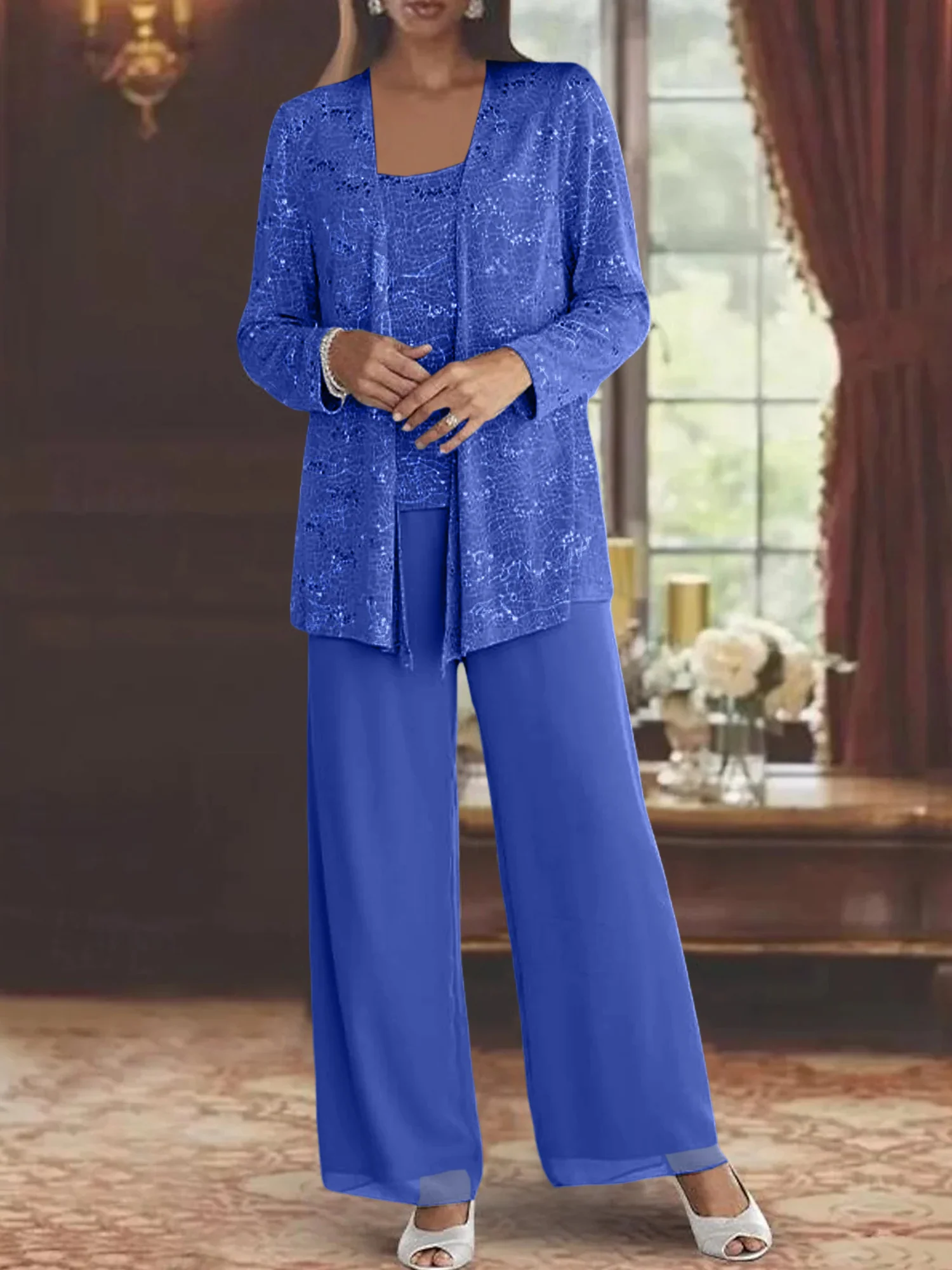 Chiffon Mother of the Bride Pantsuits with Jacket & Sequins - Image 46