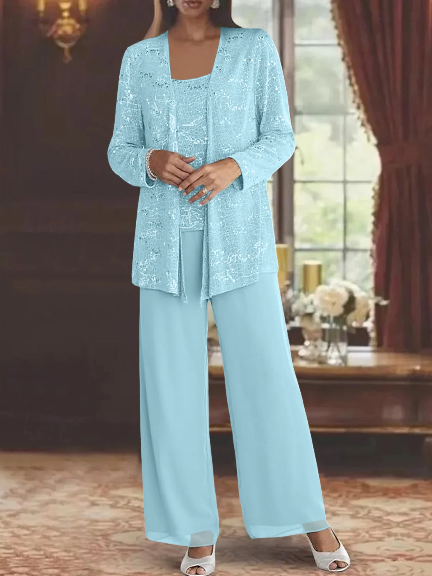 Chiffon Mother of the Bride Pantsuits with Jacket & Sequins - Image 47