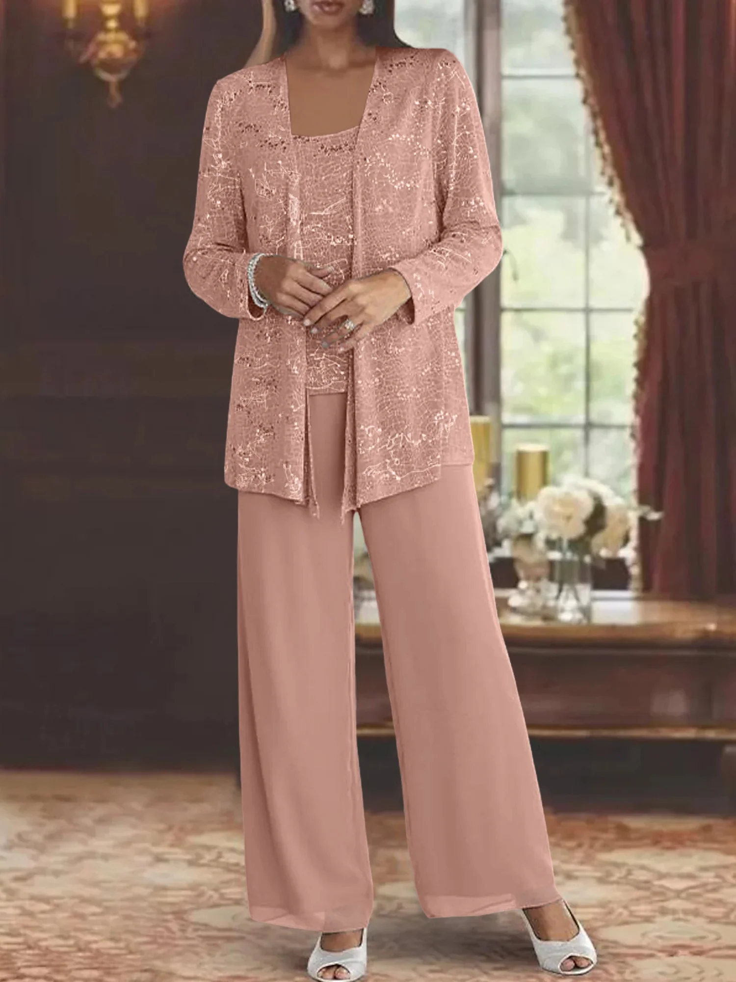 Chiffon Mother of the Bride Pantsuits with Jacket & Sequins - Image 49