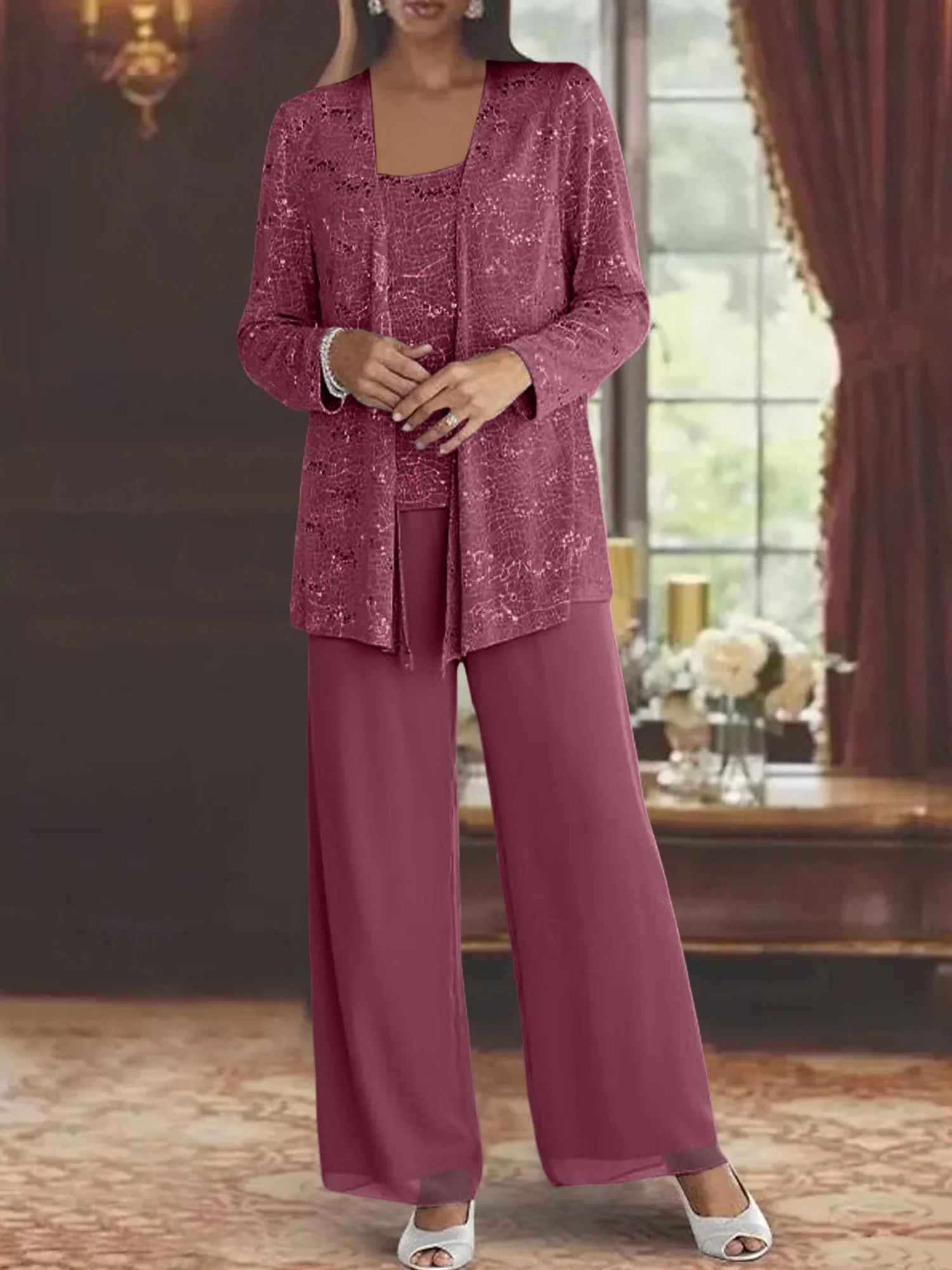 Chiffon Mother of the Bride Pantsuits with Jacket & Sequins - Image 52