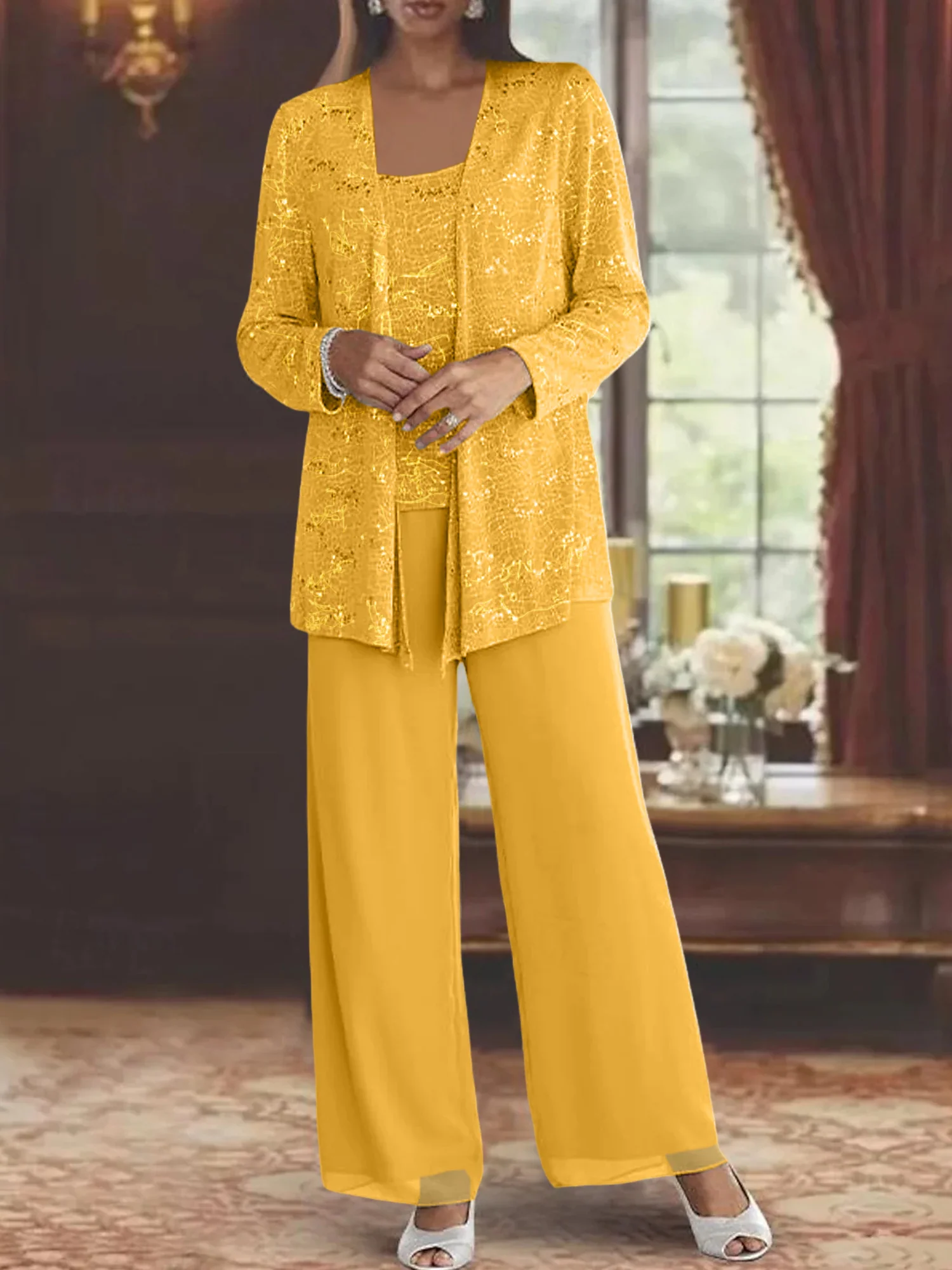 Chiffon Mother of the Bride Pantsuits with Jacket & Sequins - Image 53