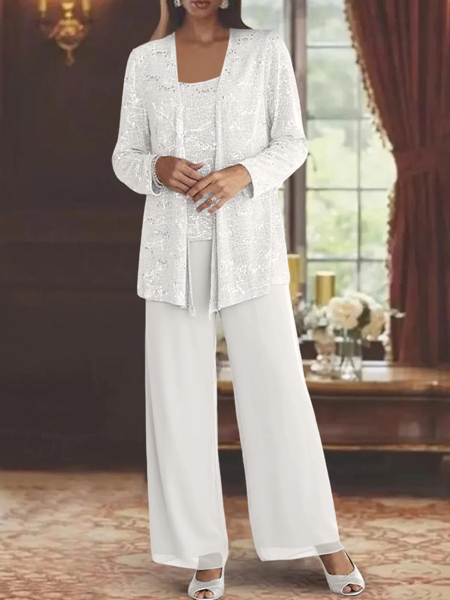 Chiffon Mother of the Bride Pantsuits with Jacket & Sequins - Image 55