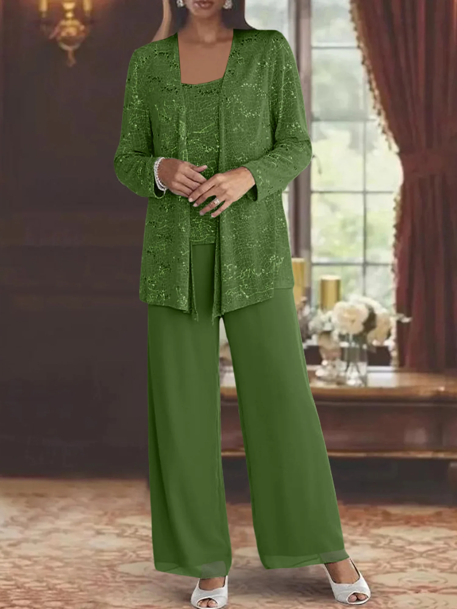 Chiffon Mother of the Bride Pantsuits with Jacket & Sequins - Image 56