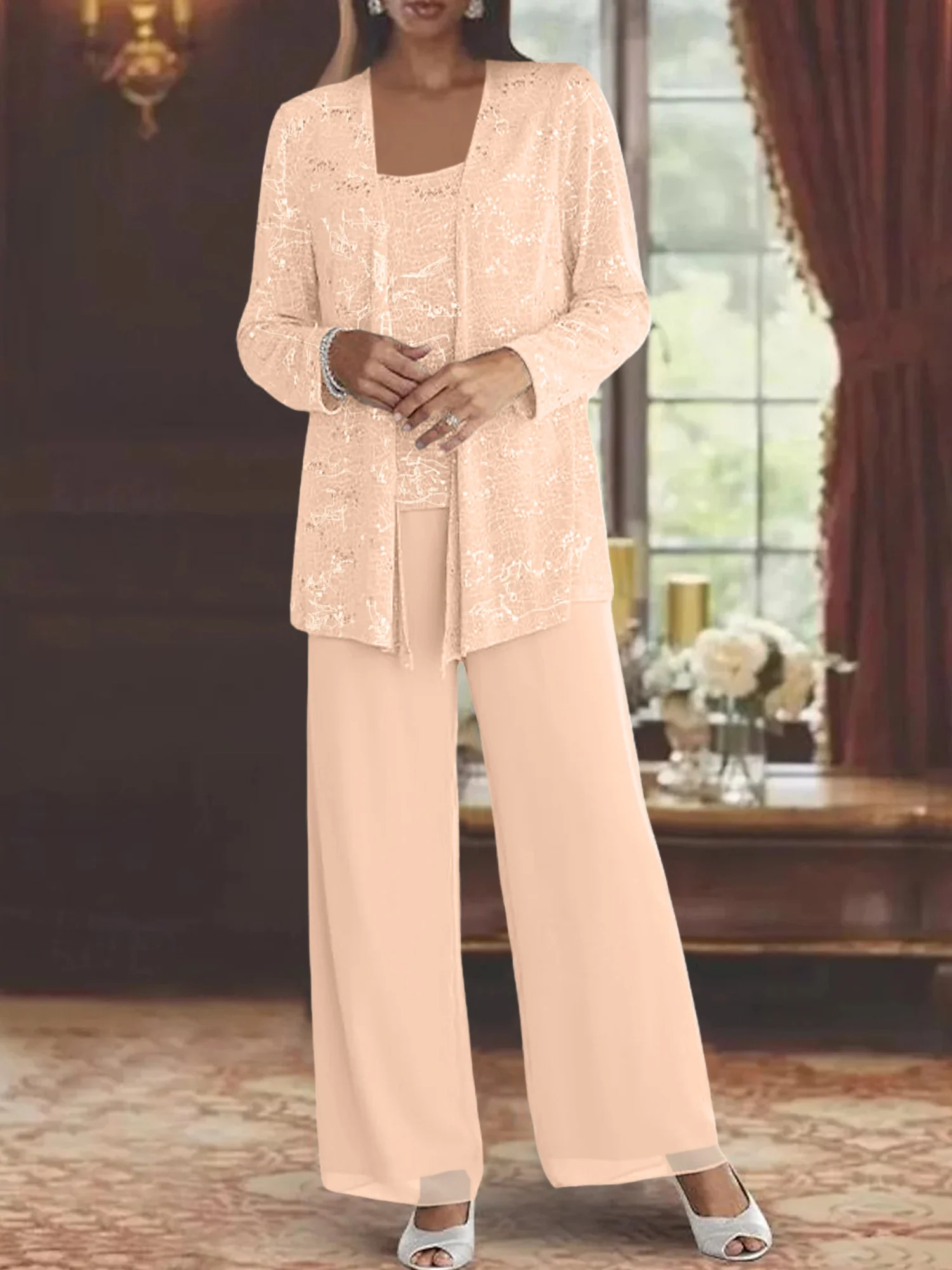 Chiffon Mother of the Bride Pantsuits with Jacket & Sequins - Image 58