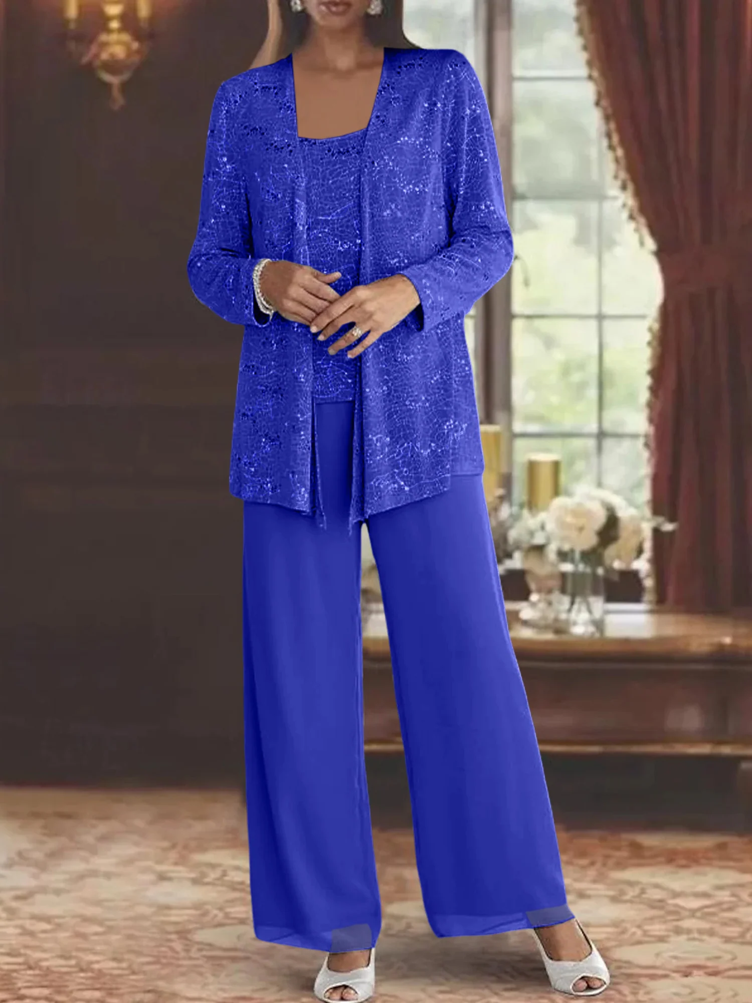 Chiffon Mother of the Bride Pantsuits with Jacket & Sequins - Image 59