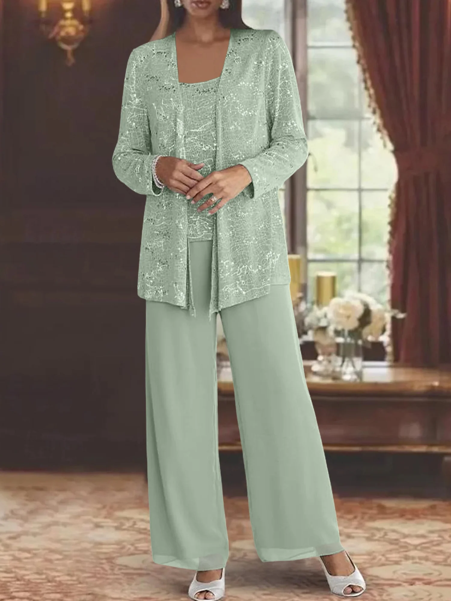 Chiffon Mother of the Bride Pantsuits with Jacket & Sequins - Image 61