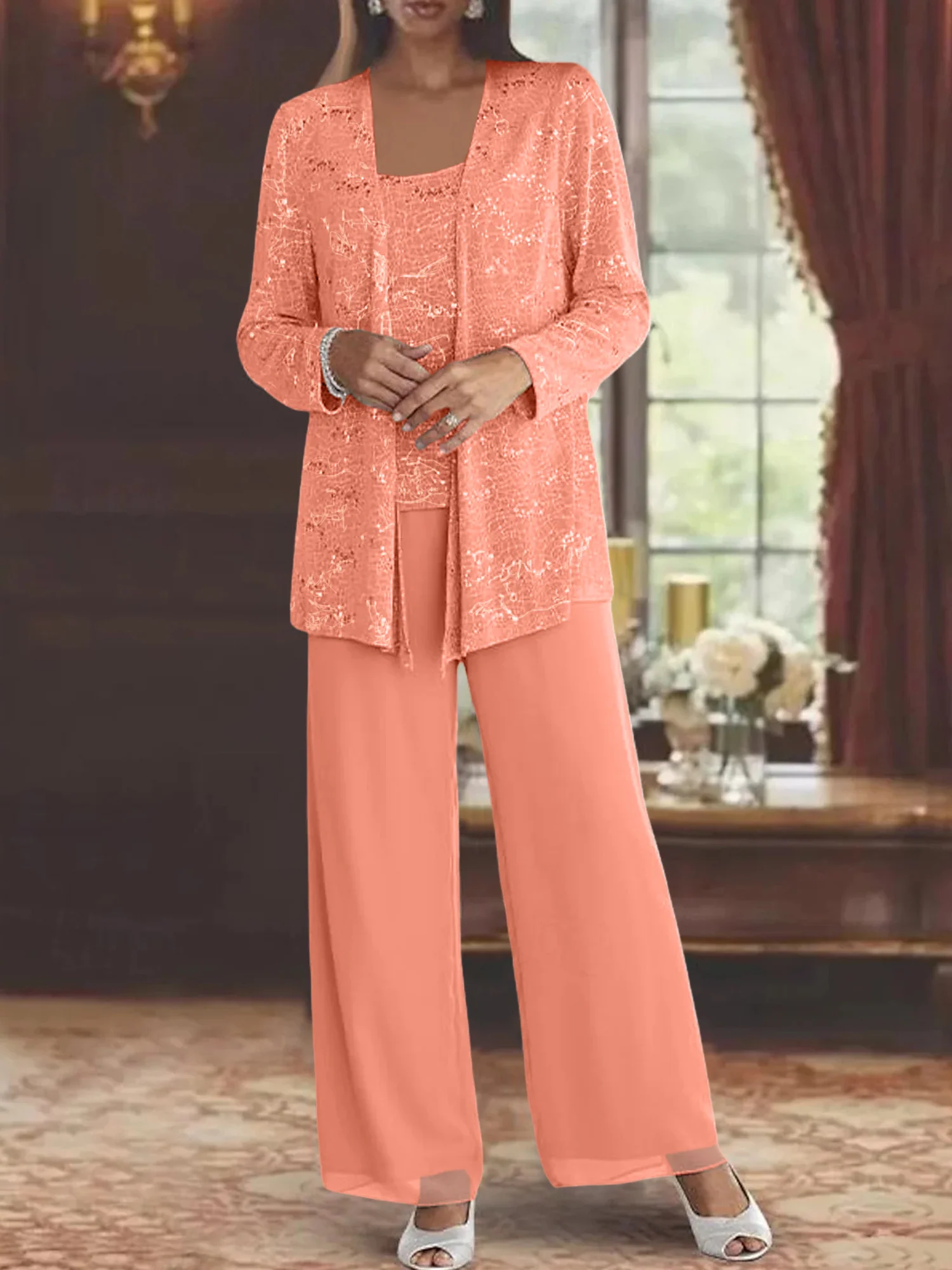 Chiffon Mother of the Bride Pantsuits with Jacket & Sequins - Image 62