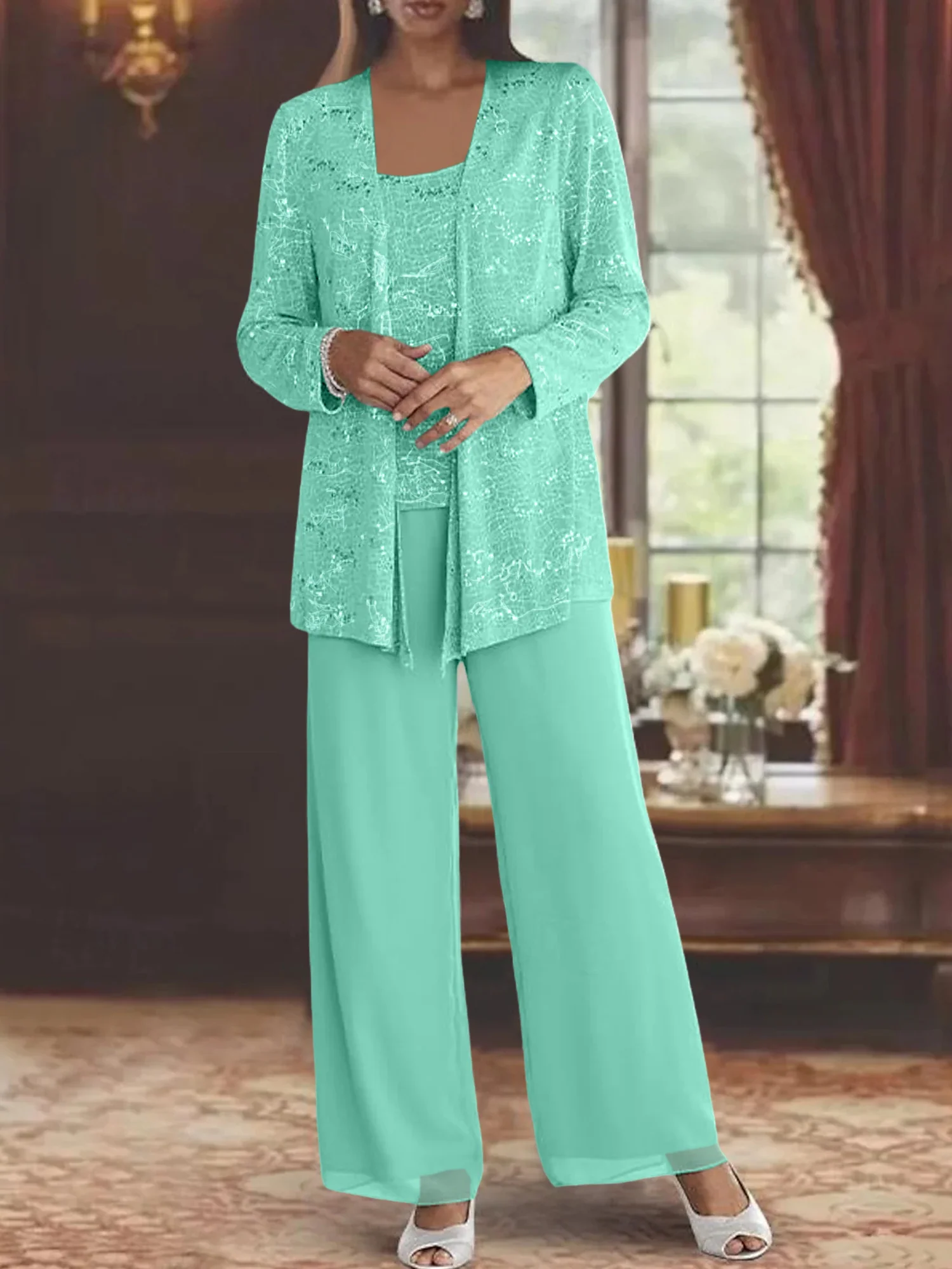 Chiffon Mother of the Bride Pantsuits with Jacket & Sequins - Image 66