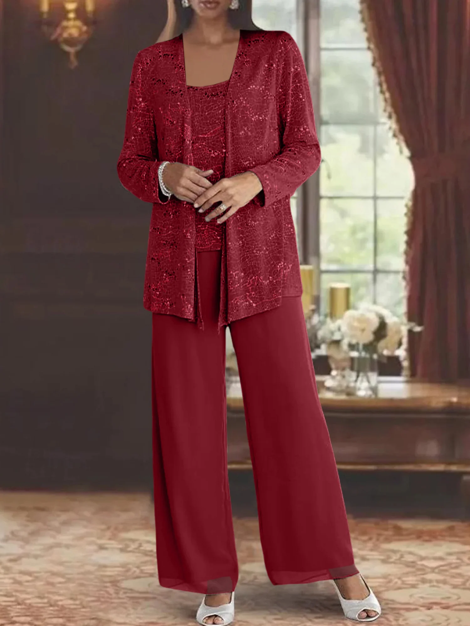 Chiffon Mother of the Bride Pantsuits with Jacket & Sequins - Image 70