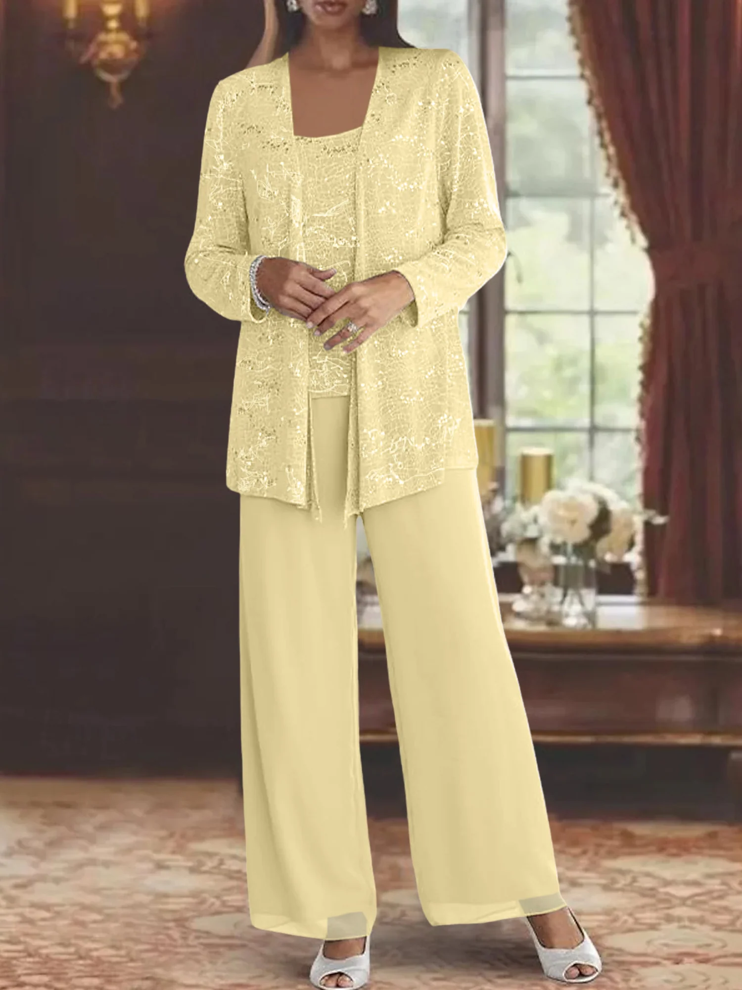 Chiffon Mother of the Bride Pantsuits with Jacket & Sequins - Image 72