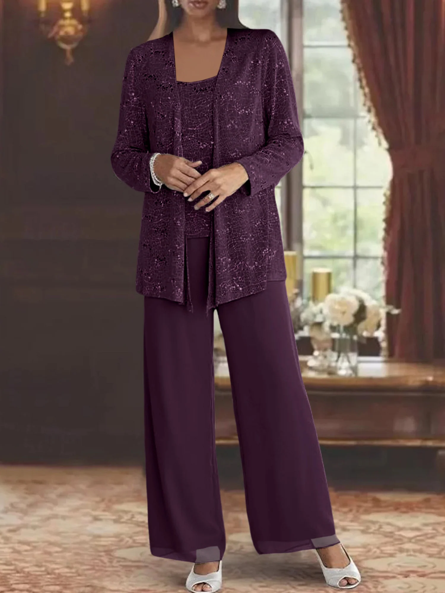 Chiffon Mother of the Bride Pantsuits with Jacket & Sequins - Image 75