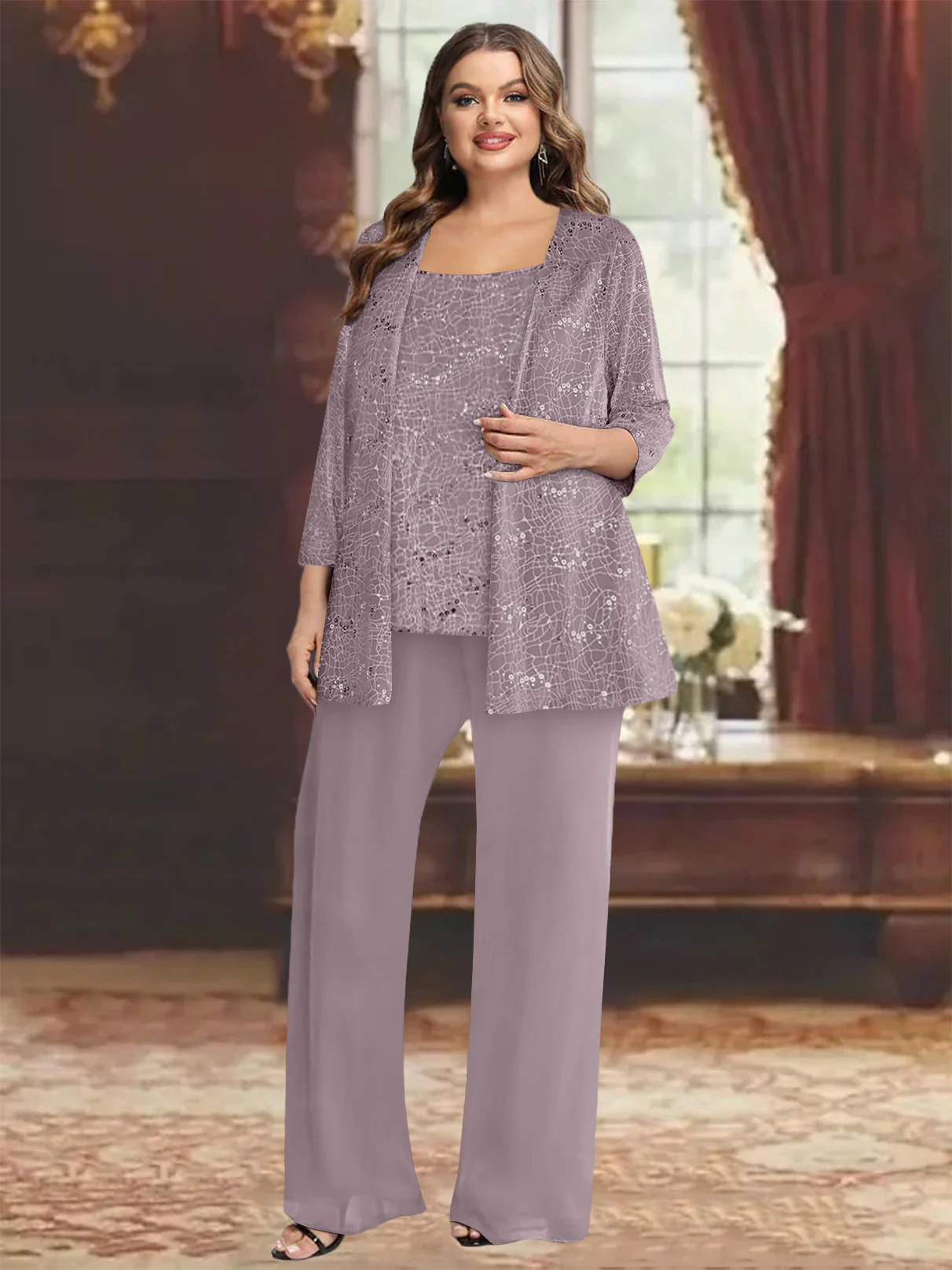 Chiffon Plus Size Mother of the Bride Pantsuits with Jacket & Sequins - Image 15