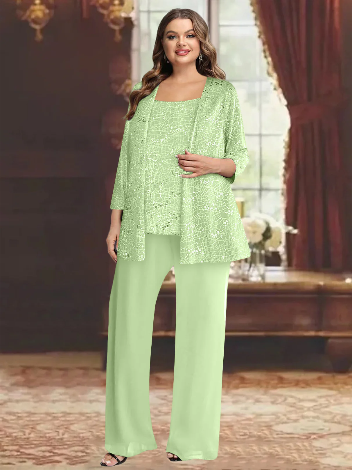 Chiffon Plus Size Mother of the Bride Pantsuits with Jacket & Sequins - Image 32