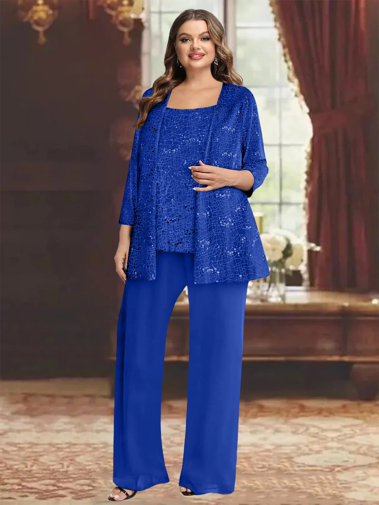 Chiffon Plus Size Mother of the Bride Pantsuits with Jacket & Sequins - Image 50