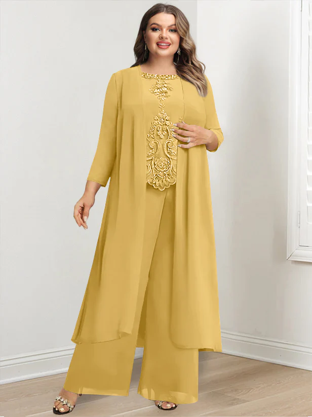 Chiffon Round Neck Floor-Length Plus Size Mother Of The Bride Pantsuits With Jacket & Applique - Image 26
