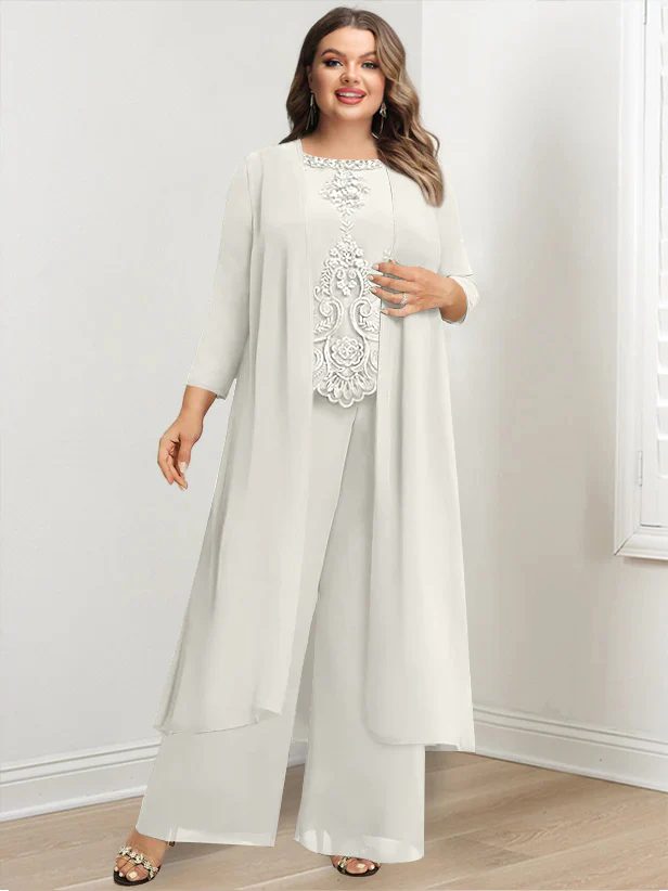 Chiffon Round Neck Floor-Length Plus Size Mother Of The Bride Pantsuits With Jacket & Applique - Image 30