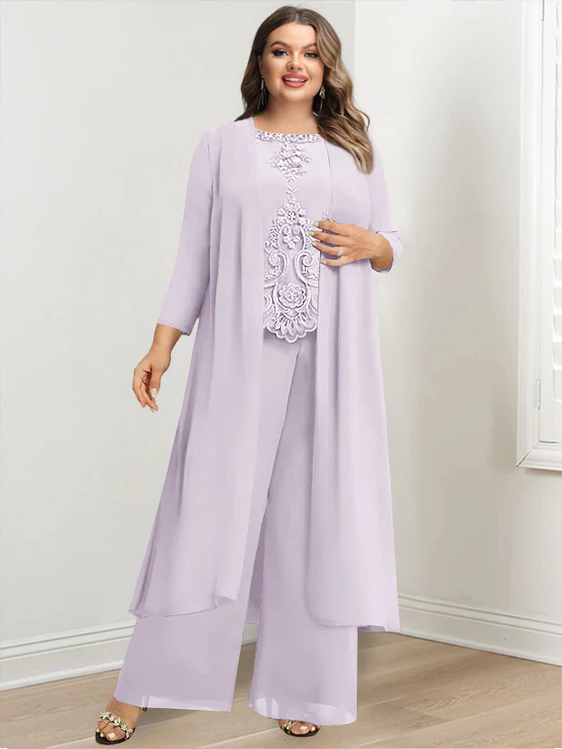 Chiffon Round Neck Floor-Length Plus Size Mother Of The Bride Pantsuits With Jacket & Applique - Image 33