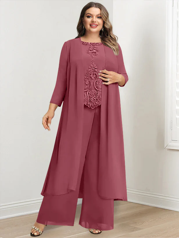 Chiffon Round Neck Floor-Length Plus Size Mother Of The Bride Pantsuits With Jacket & Applique - Image 36