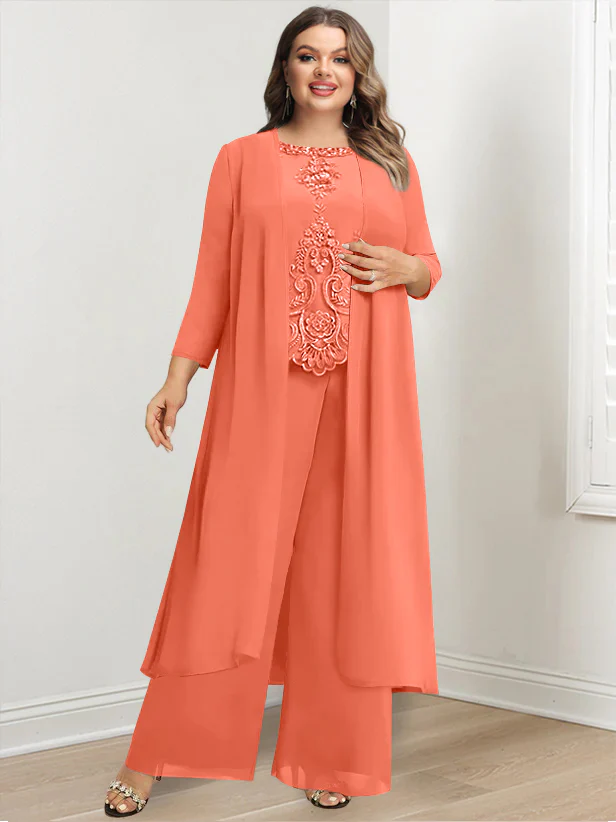 Chiffon Round Neck Floor-Length Plus Size Mother Of The Bride Pantsuits With Jacket & Applique - Image 41