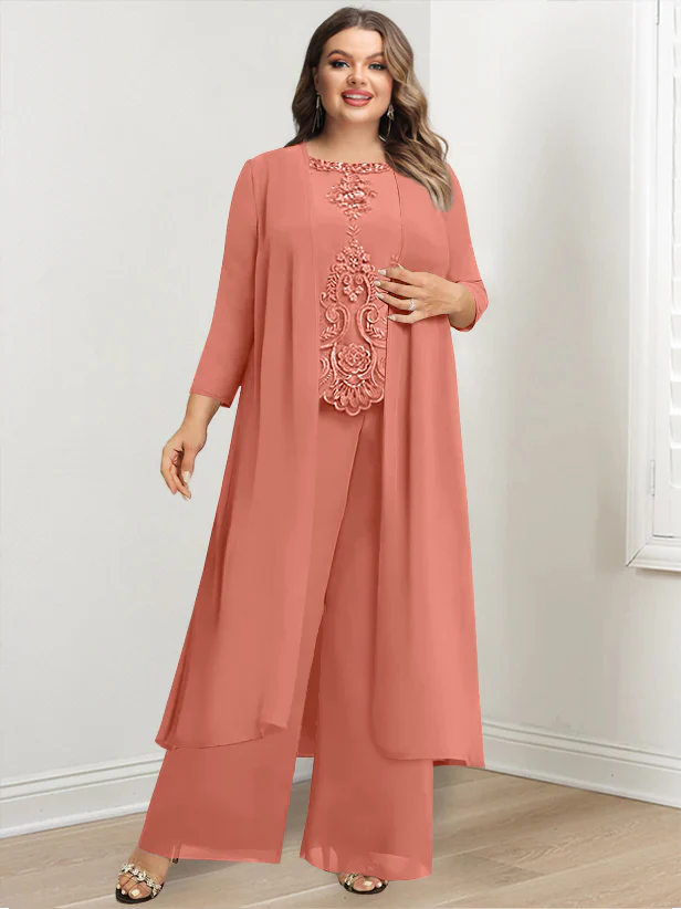 Chiffon Round Neck Floor-Length Plus Size Mother Of The Bride Pantsuits With Jacket & Applique - Image 55