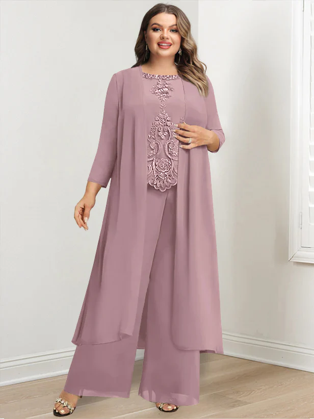 Chiffon Round Neck Floor-Length Plus Size Mother Of The Bride Pantsuits With Jacket & Applique - Image 58