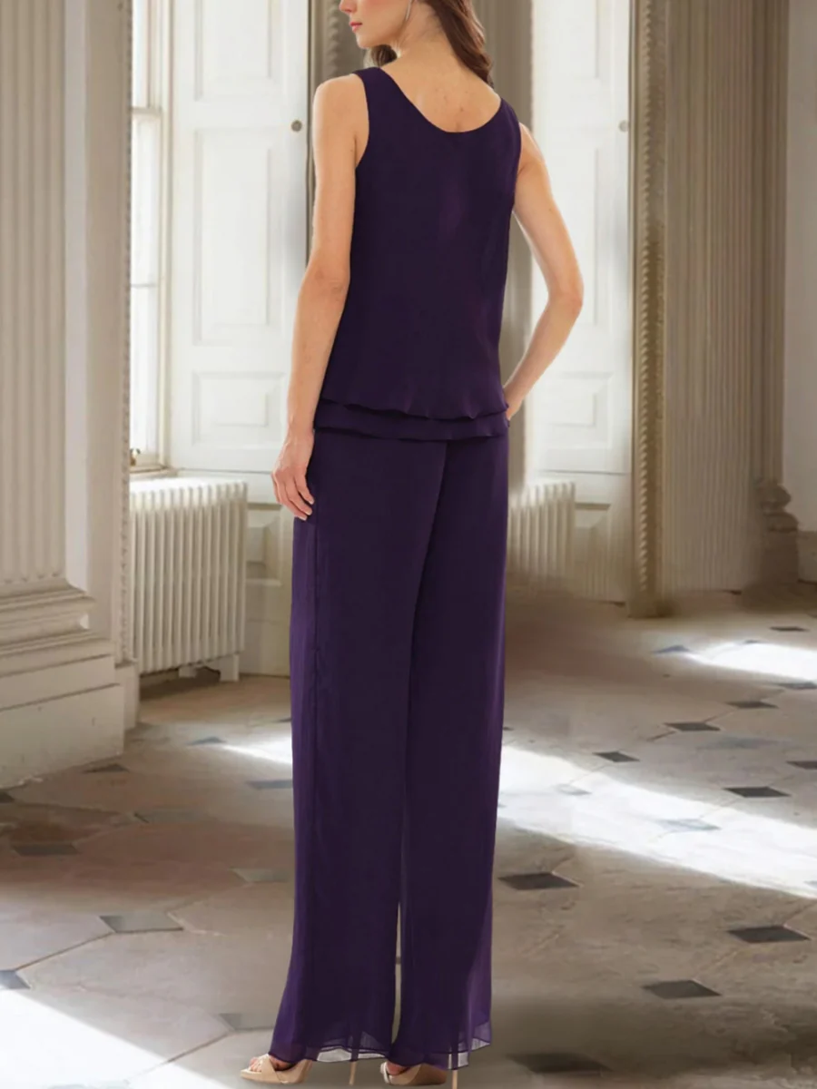Chiffon Scoop Ankle-Length Mother of the Bride Pantsuits with Long Sleeves Jacket - Image 2