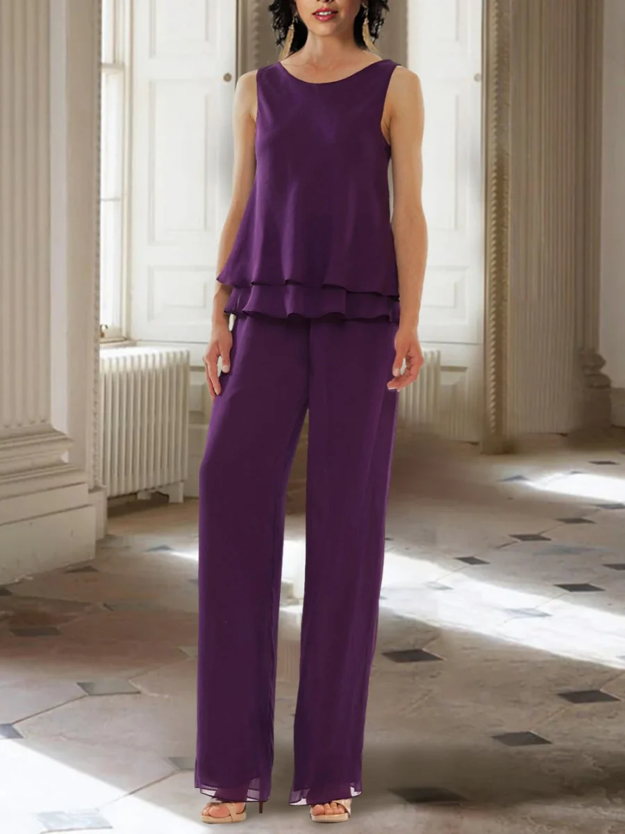 Chiffon Scoop Ankle-Length Mother of the Bride Pantsuits with Long Sleeves Jacket - Image 3