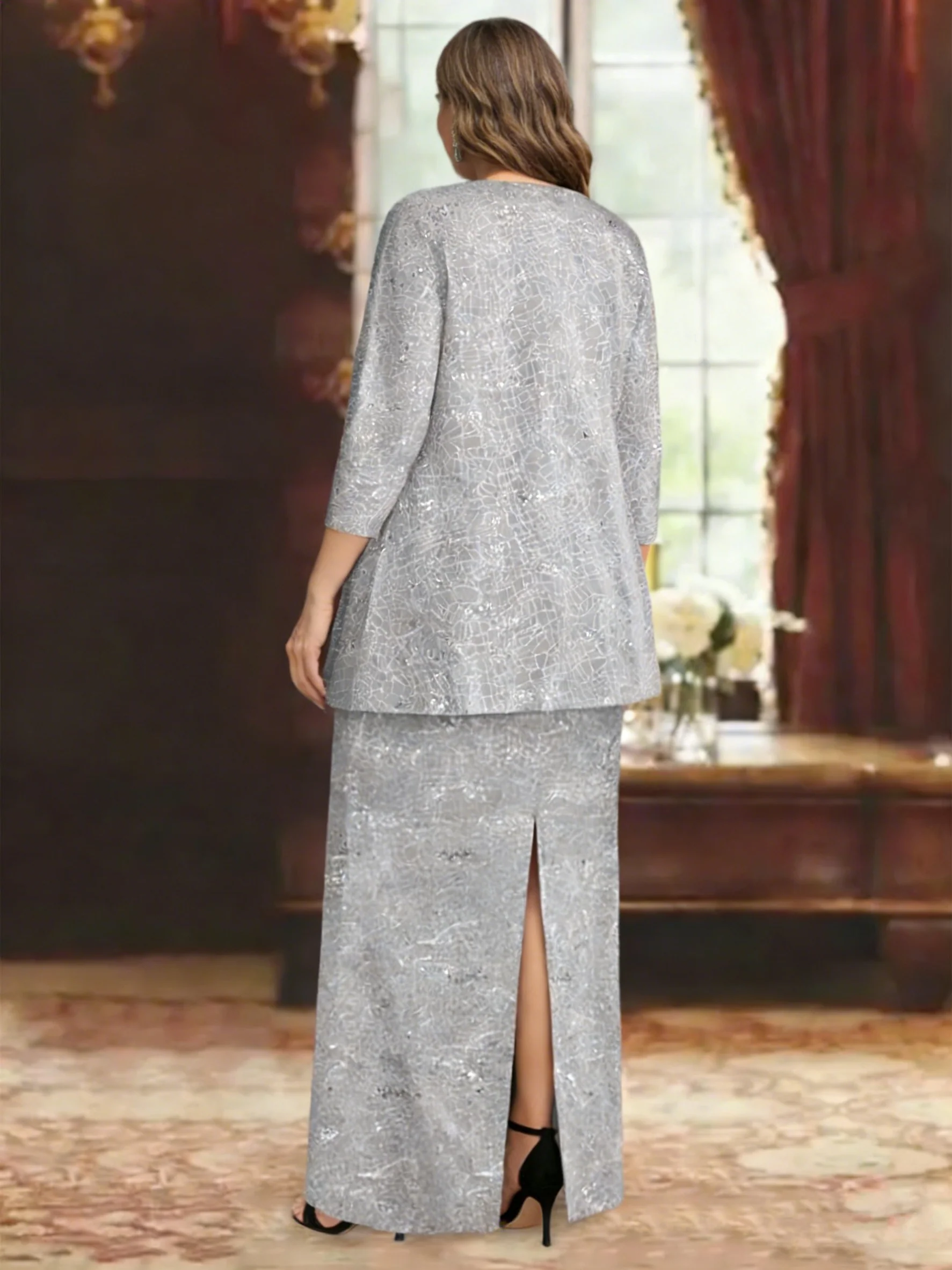 Chiffon Scoop Ankle-length Plus Size Mother of the Bride Dresses with Sequins & Jacket - Image 2