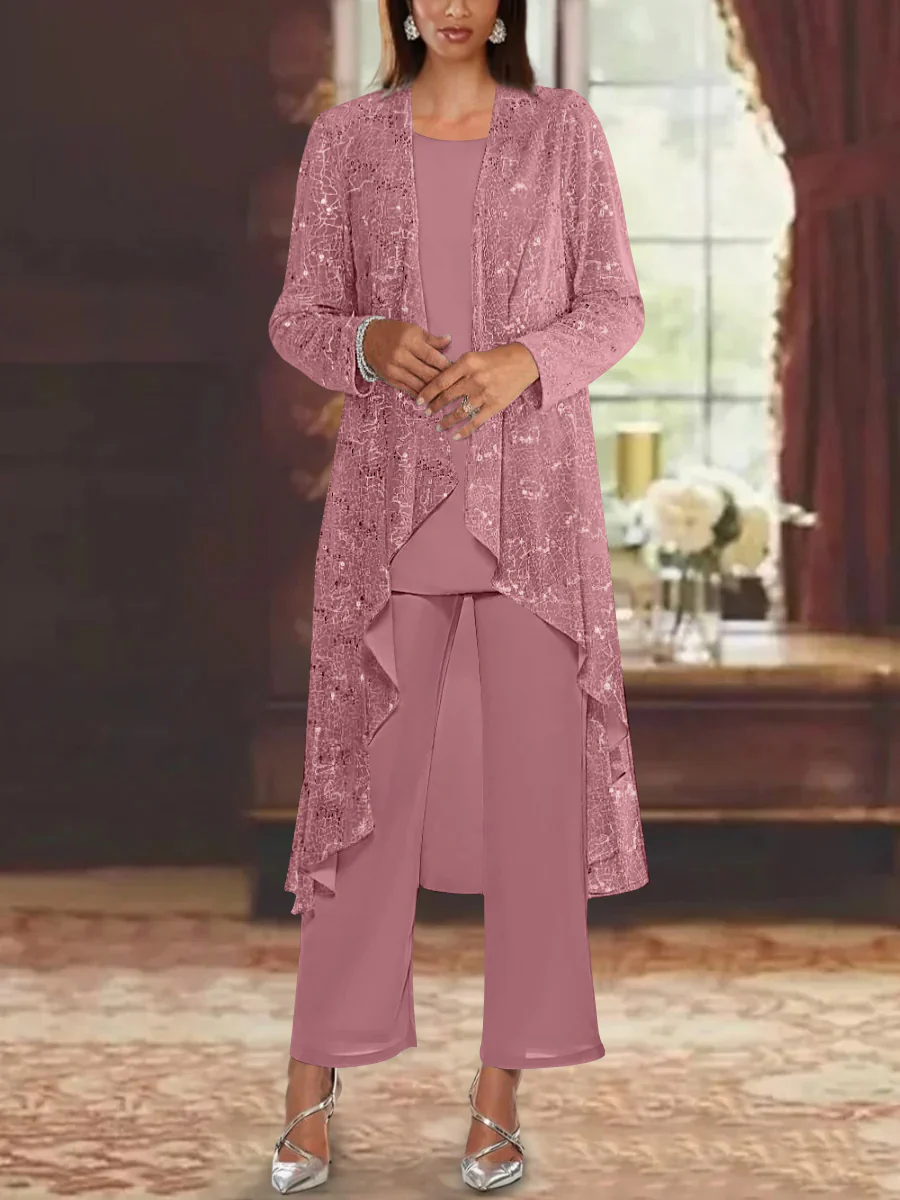 Chiffon Sequins Scoop Mother of the Bride Pantsuits with Jacket - Image 18