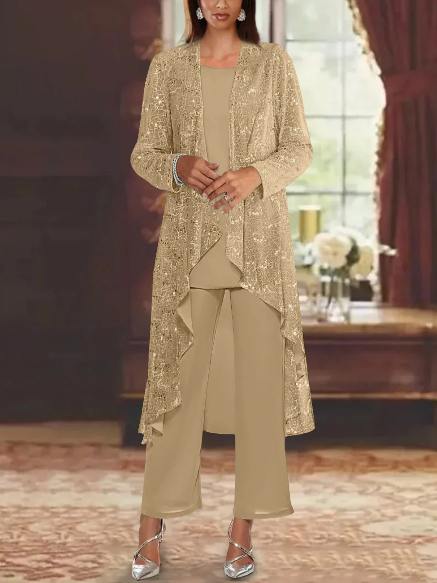 Chiffon Sequins Scoop Mother of the Bride Pantsuits with Jacket - Image 20