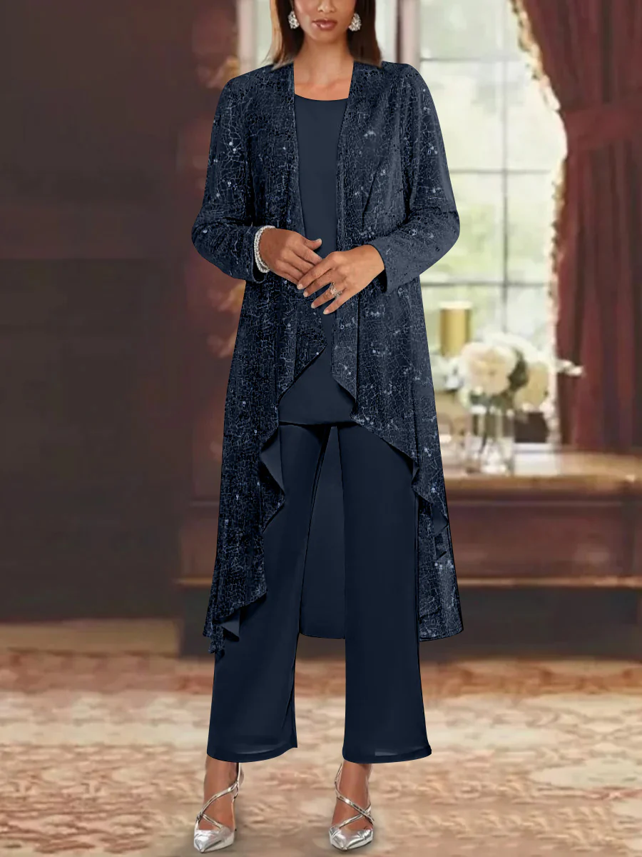 Chiffon Sequins Scoop Mother of the Bride Pantsuits with Jacket - Image 25