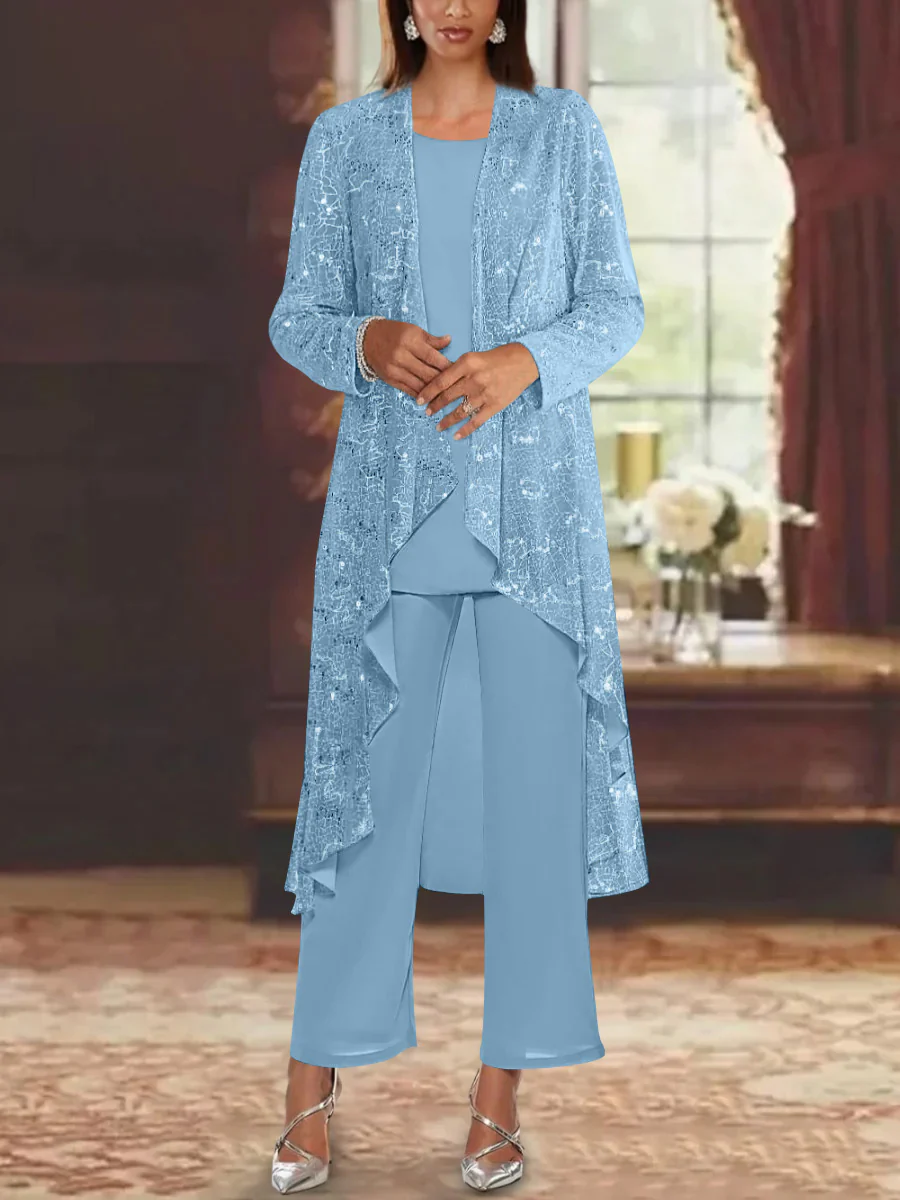 Chiffon Sequins Scoop Mother of the Bride Pantsuits with Jacket - Image 36
