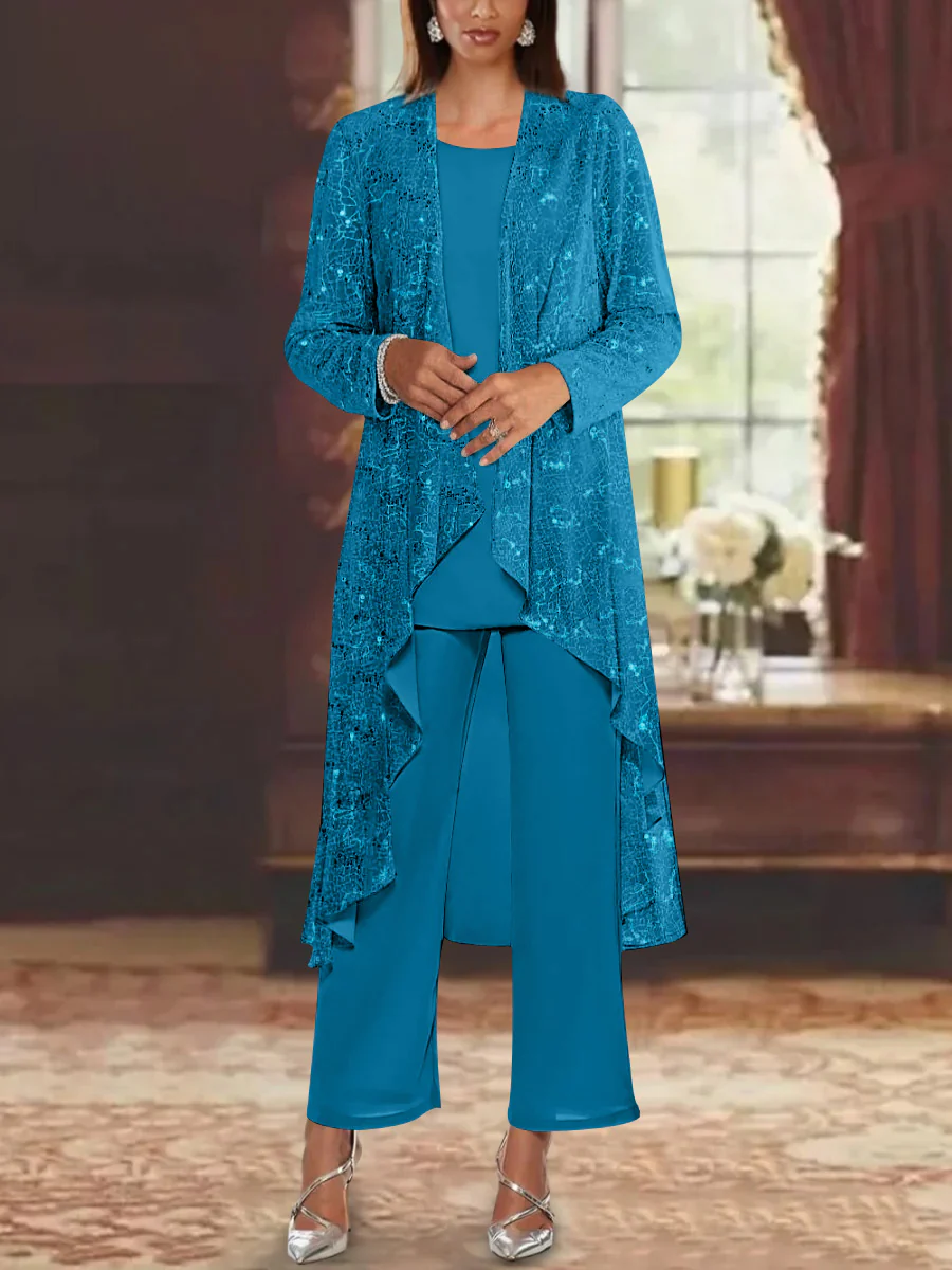 Chiffon Sequins Scoop Mother of the Bride Pantsuits with Jacket - Image 39