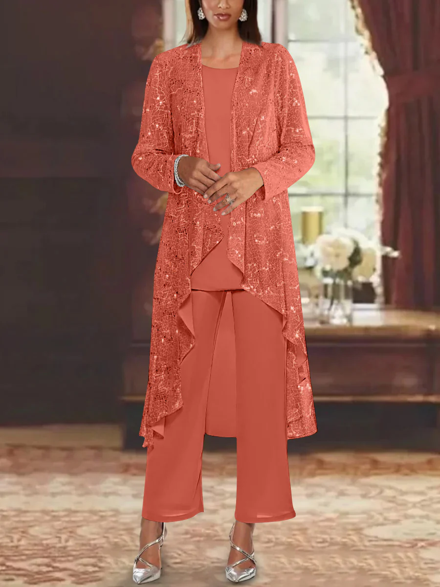 Chiffon Sequins Scoop Mother of the Bride Pantsuits with Jacket - Image 42