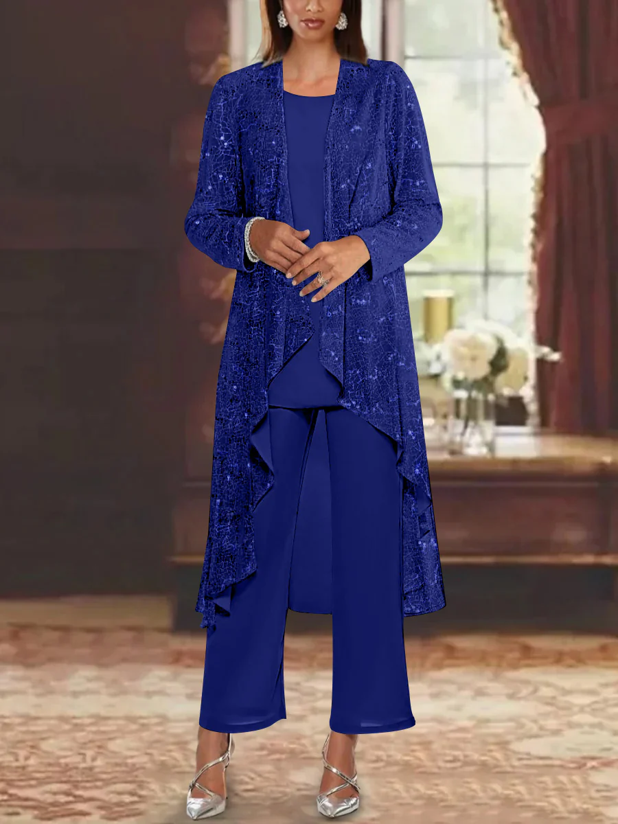Chiffon Sequins Scoop Mother of the Bride Pantsuits with Jacket - Image 47