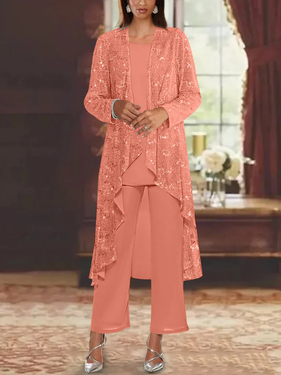 Chiffon Sequins Scoop Mother of the Bride Pantsuits with Jacket - Image 52