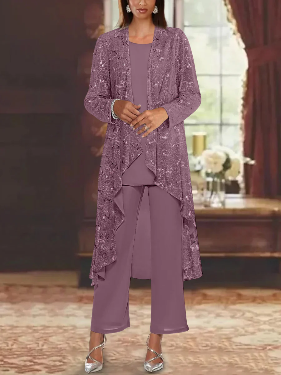 Chiffon Sequins Scoop Mother of the Bride Pantsuits with Jacket - Image 55